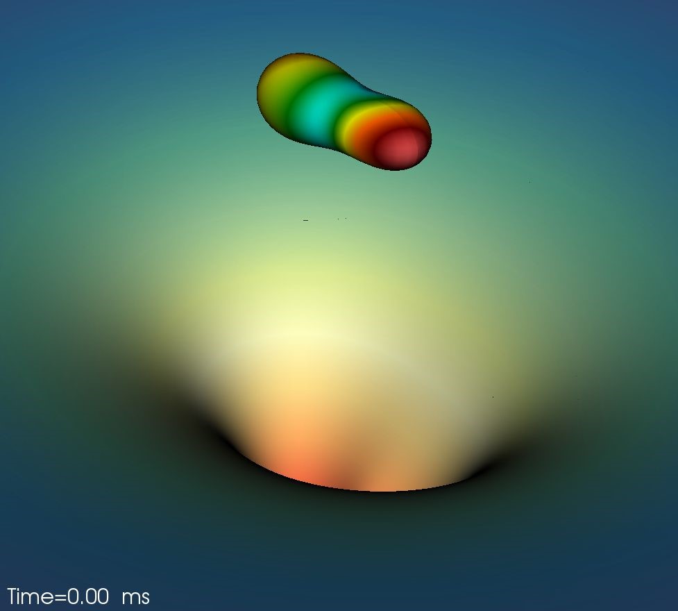 Simulated snapshots of two black holes merging and forming a final black hole. Credit: RIT’s Center for Computational Relativity and Gravitation, Nicole Rosato