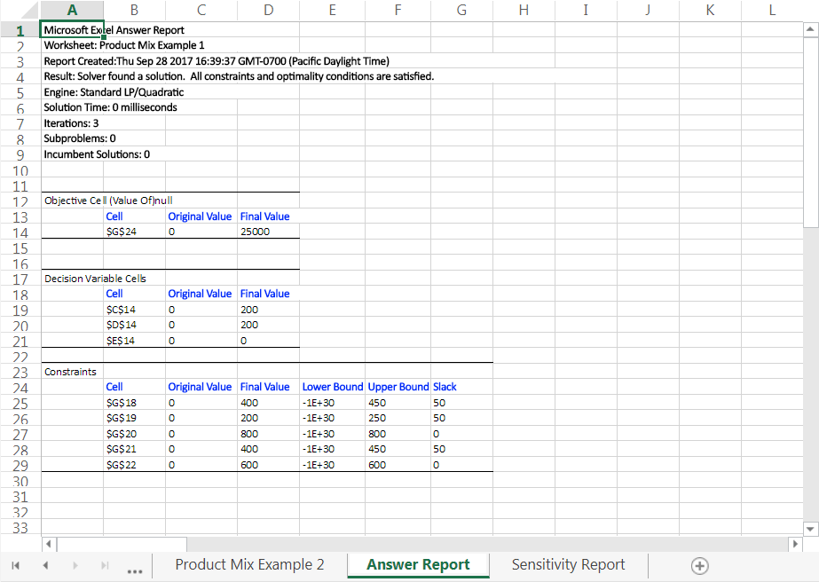 Generating answer key solver excel template