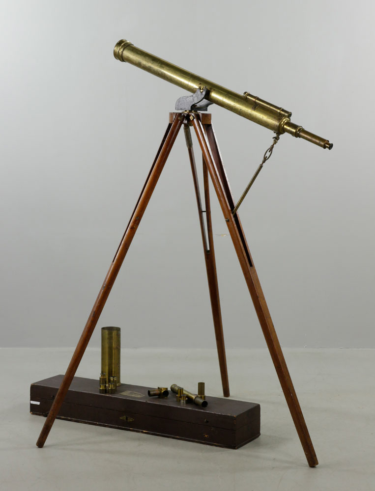 Troughton & Simms, London, brass telescope on wood tripod stand