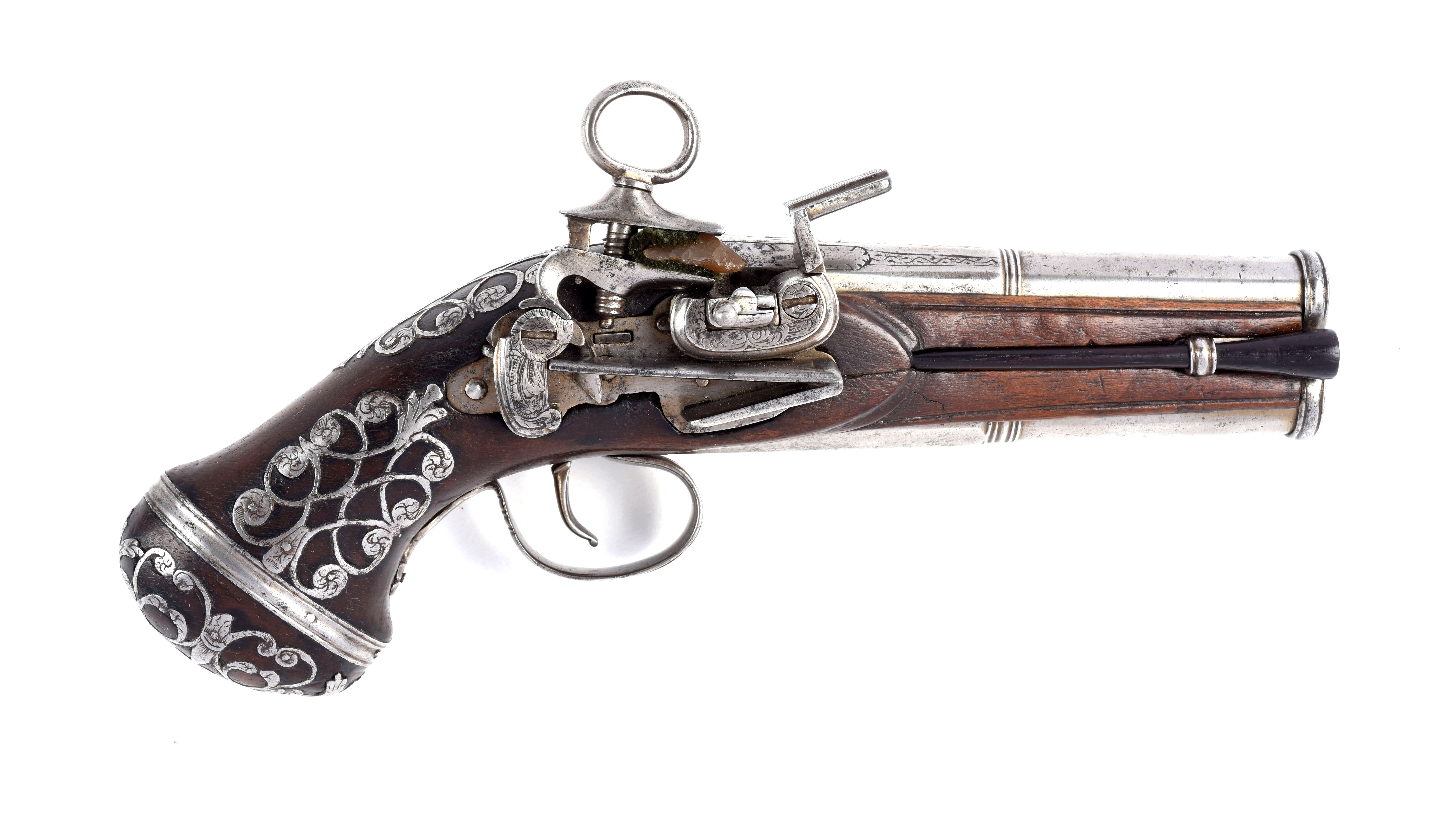 Scarce Spanish Double Barrel Superposed Ripoll Miquelet Pistol, estimated at $10,000-15,000.
