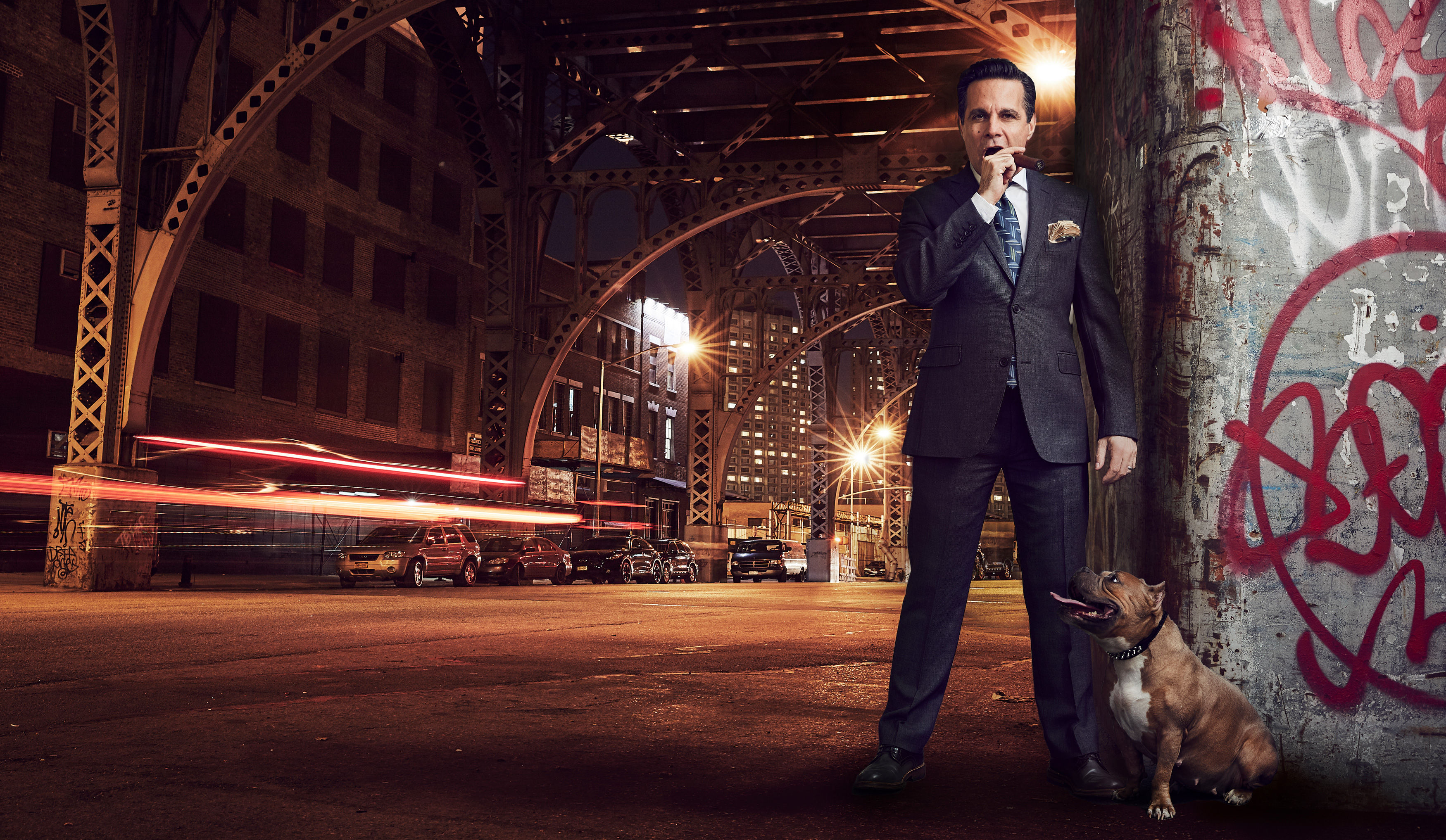 Actor Mario Cantone photographed with a rescue dog for Louie’s Legacy's 2018 Annual Fundraising Calendar "Paws of Gotham” to raise funds for animal rescue.