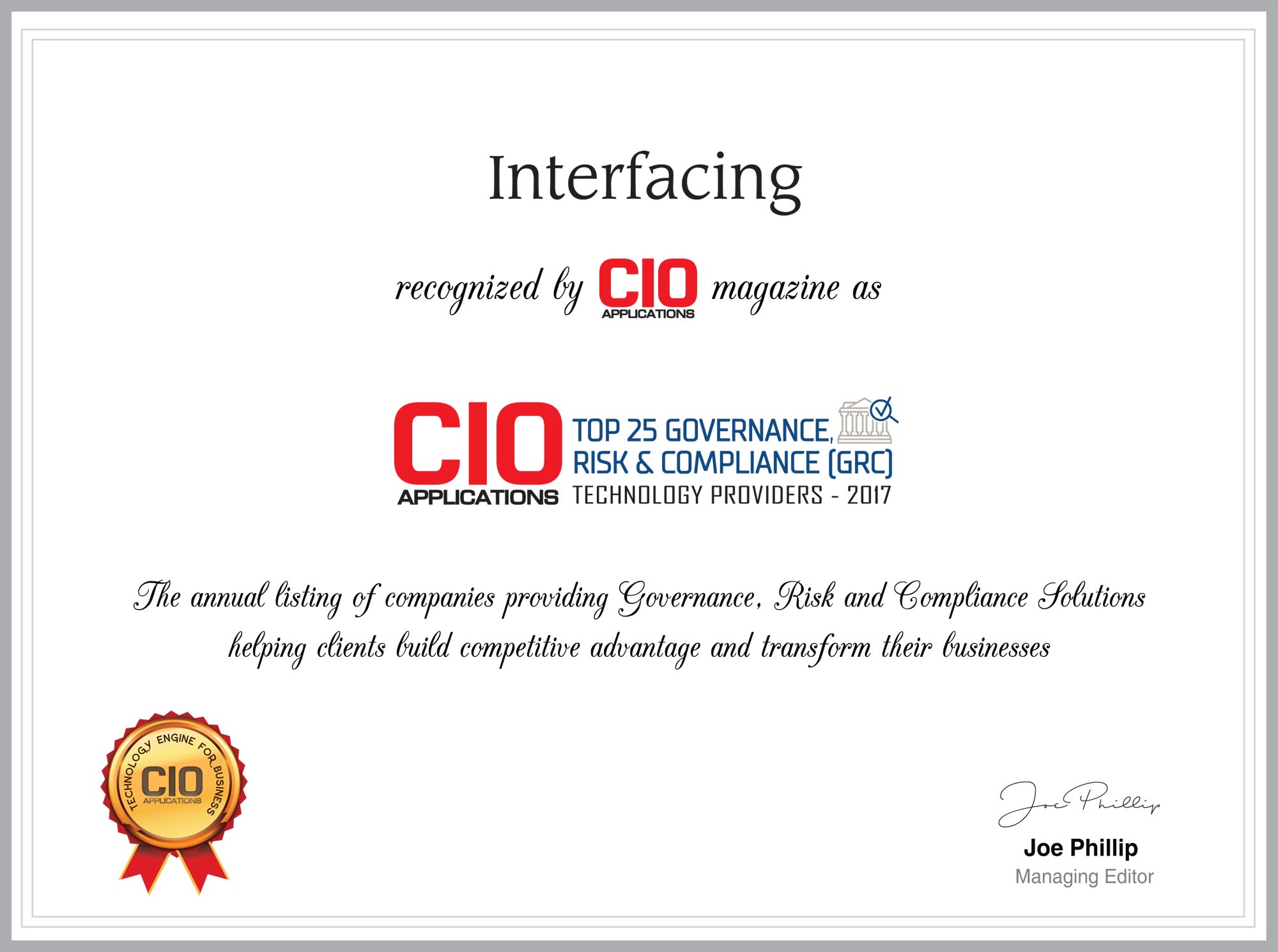 CIO Applications certificate for top 25 GRC solutions