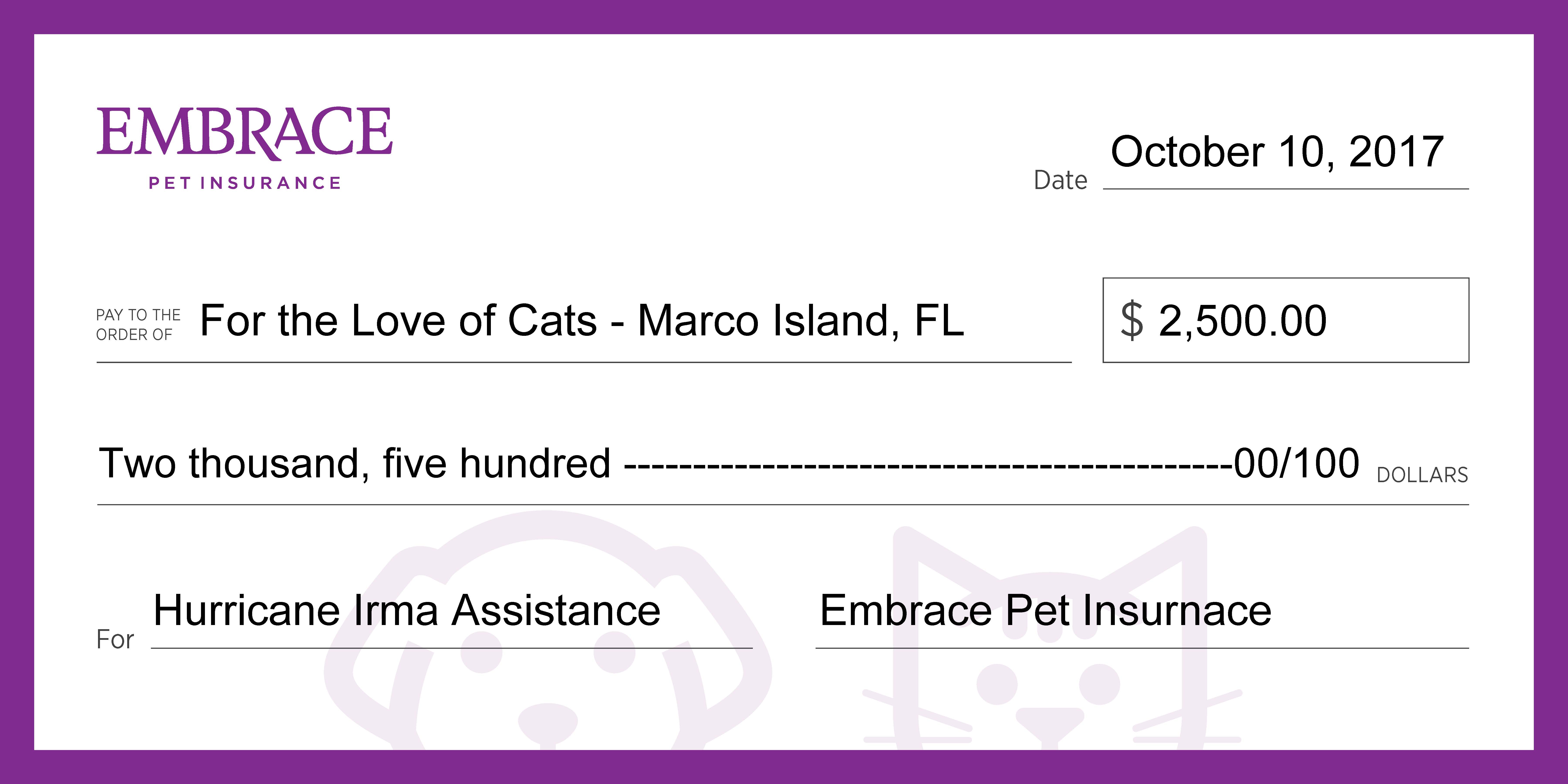 Donation to For the Love of Cats rescue in Marco Island, FL