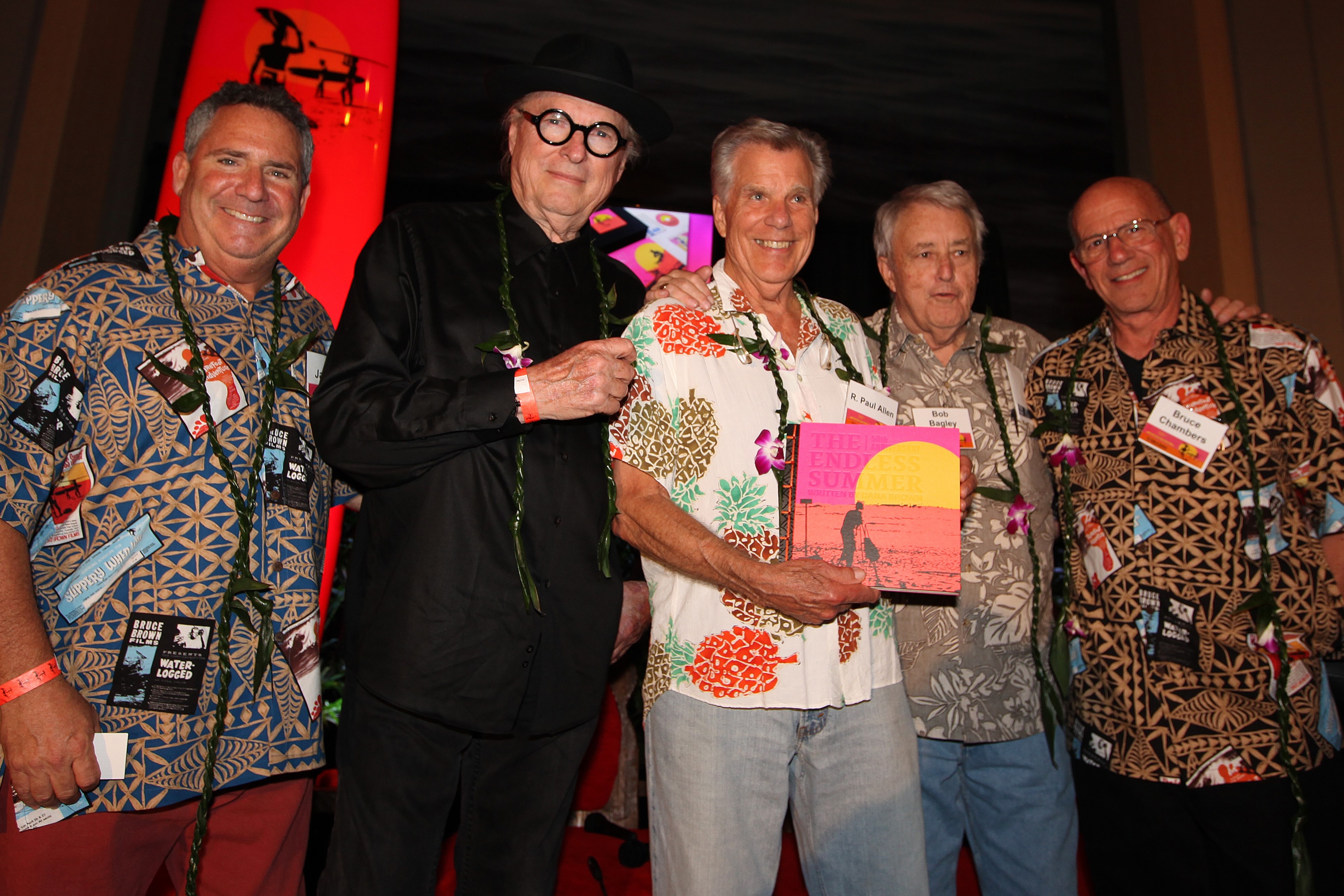 Jay Fox co-pubilisher, John Van Hamersveld, Paul Allen, Bob Bagley and Bruce Chambers co-publisher and printer of the The Endless Summer Book and Box Set at the first launch in Huntington Beach, CA.