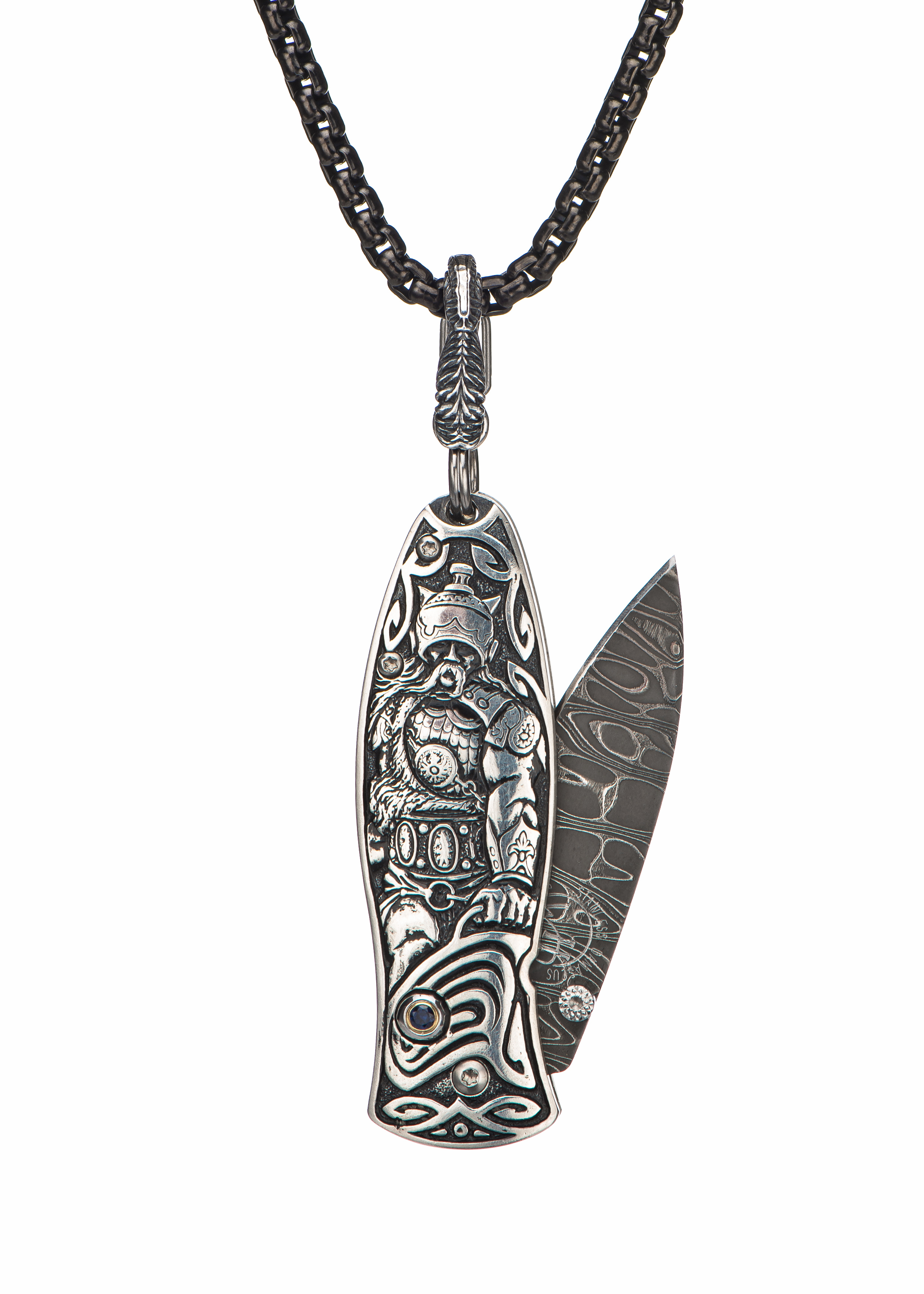 Sculpted knife pendant with damascus blade