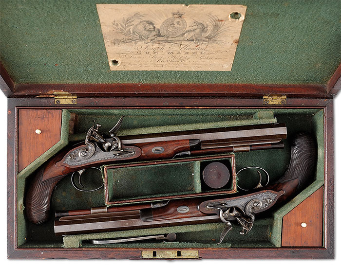 Pair of Cased Joseph Manton Flintlock Dueling Pistols, estimated at $30,000-40,000.
