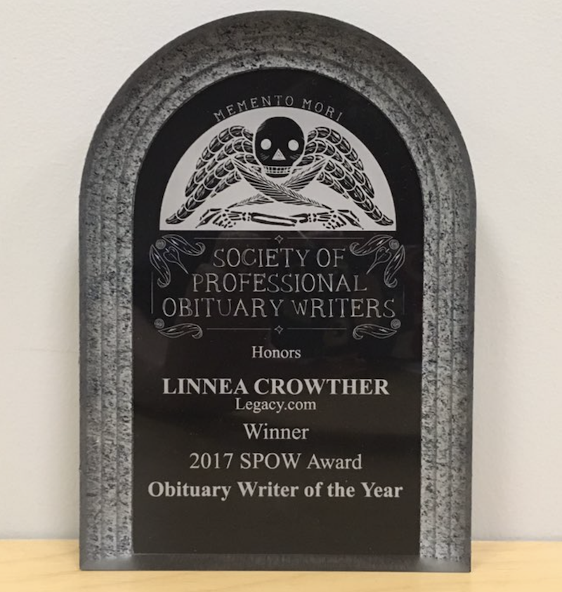 The Grimmy is an award given by The Society of Professional Obituary Writers to honor excellence in the field