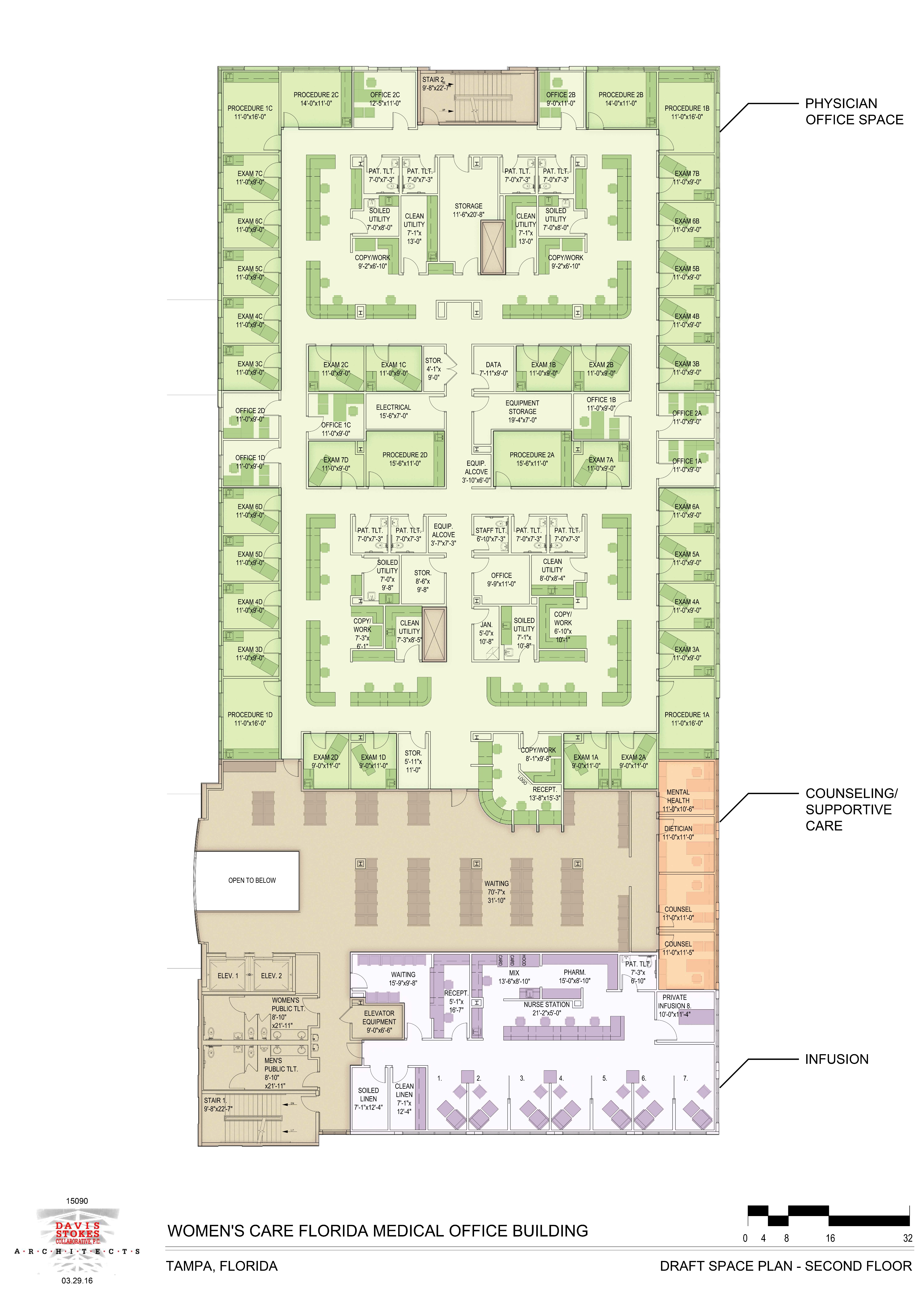 As shown in this partial floor plan, the new Women’s Health Center displays efficient programming and design features achieved by the NexCore team.