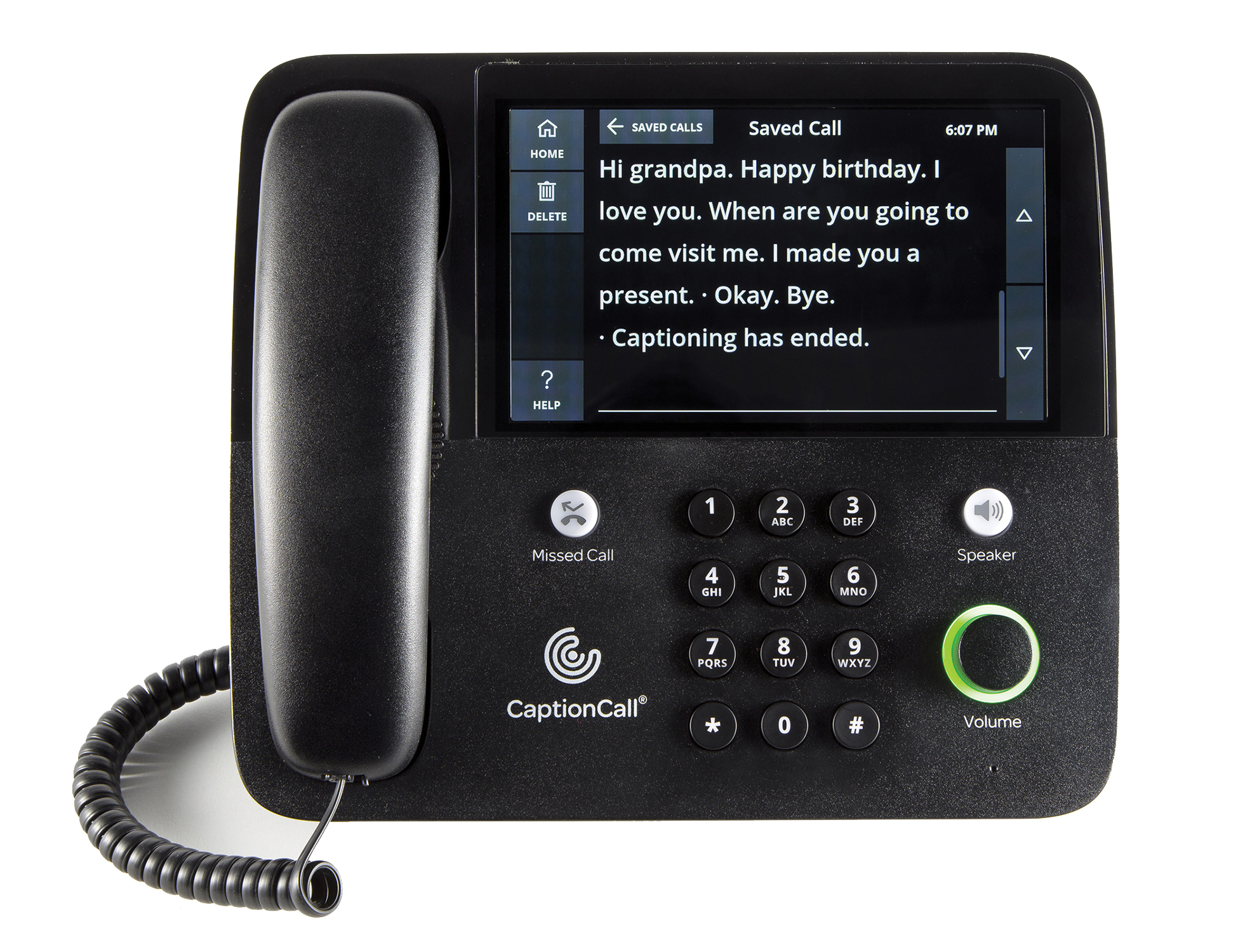 CaptionCall’s Model 67TB captioned phone provides nearly instant captions of what the caller is saying and amplifies calls up to 58dB.