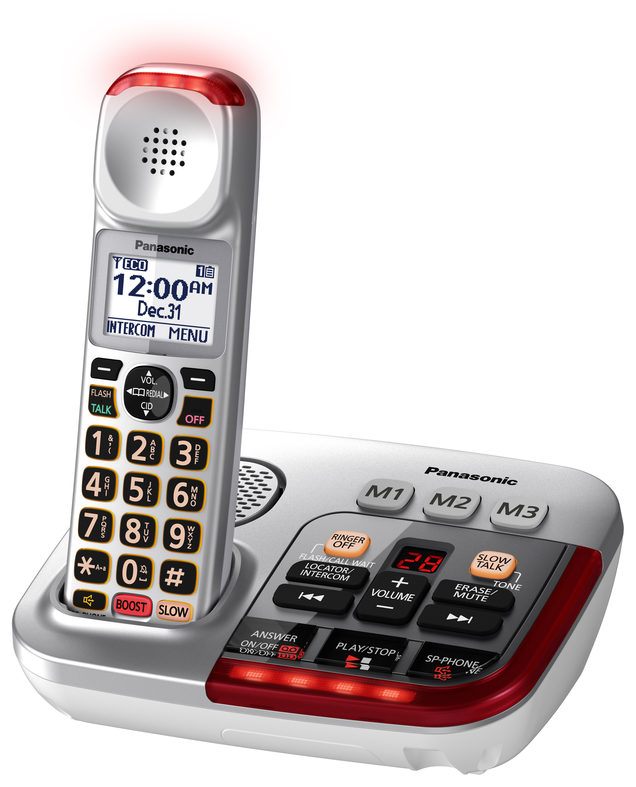 Panasonic's KX-TGM450S phone amplifies calls up to 50dB and has a loud ringer adjustable to 112dB. It also can slow down fast talkers in real time.
