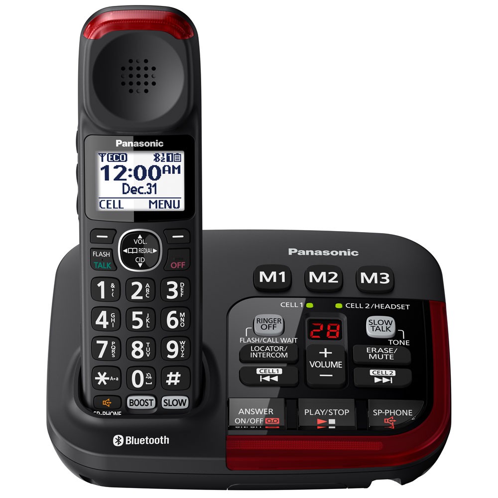 Panasonic’s Link2Cell KX-TGM430B amplified Bluetooth® phone amplifies up to 40dB and slows down a caller’s speech in real time. This phone pairs to up to two Bluetooth® cellphones.