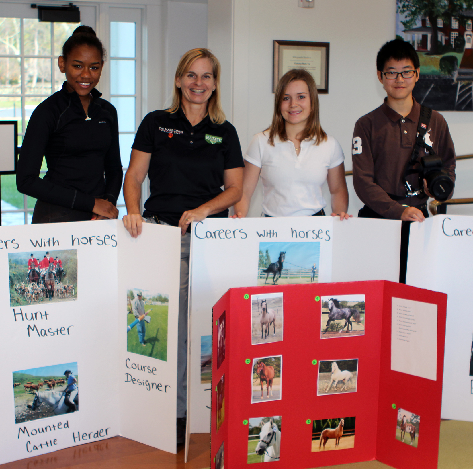 In addition to the research internships, Foxcroft students (from left) Carsyn Betz, Alex Van der Water, and Grace Chen are working with Virginia State Youth Equine Extension Program Associate Sandy Ar