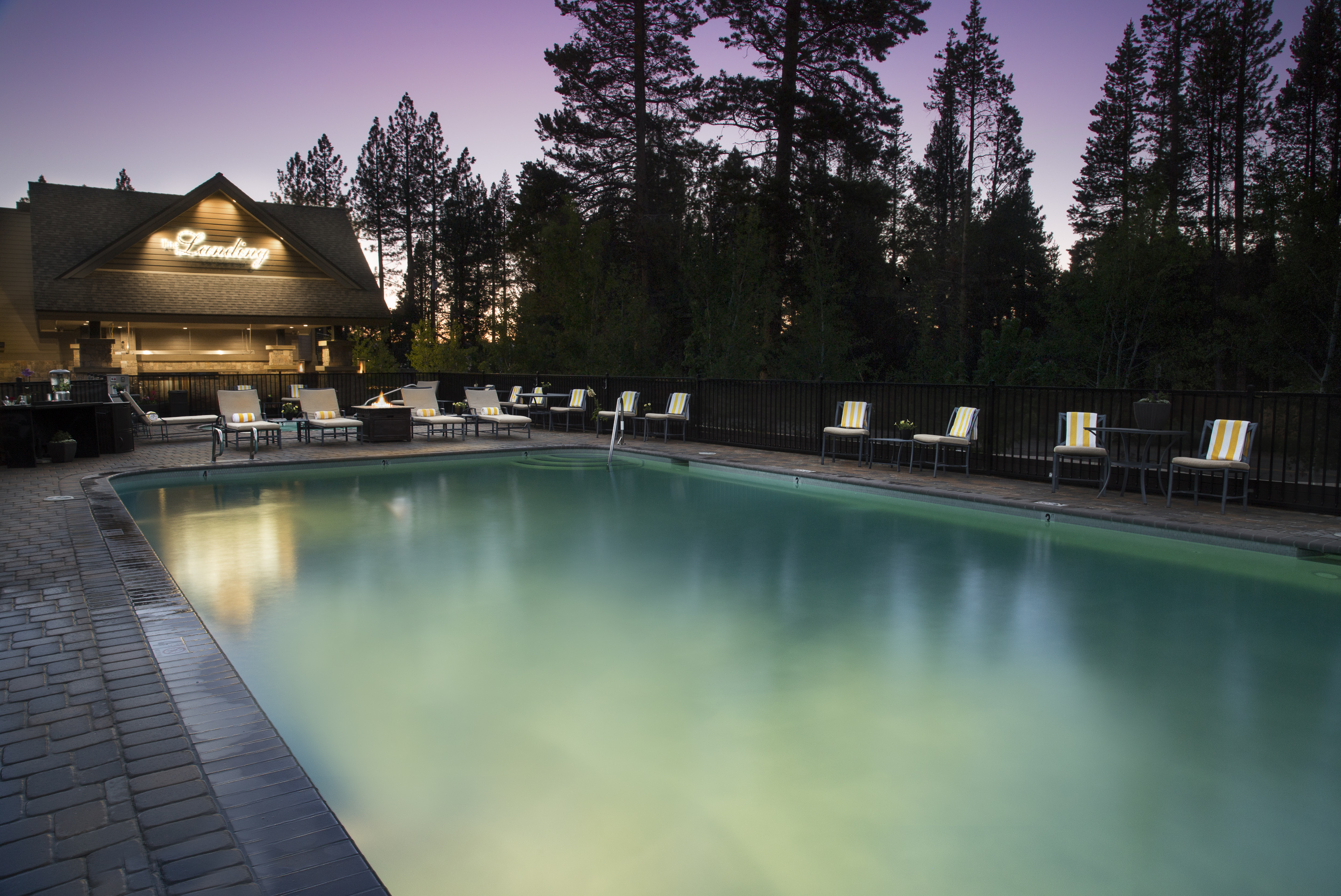 The Landing’s pool provides a luxe atmosphere for pine-scented outdoor relaxation and exercise year-round.