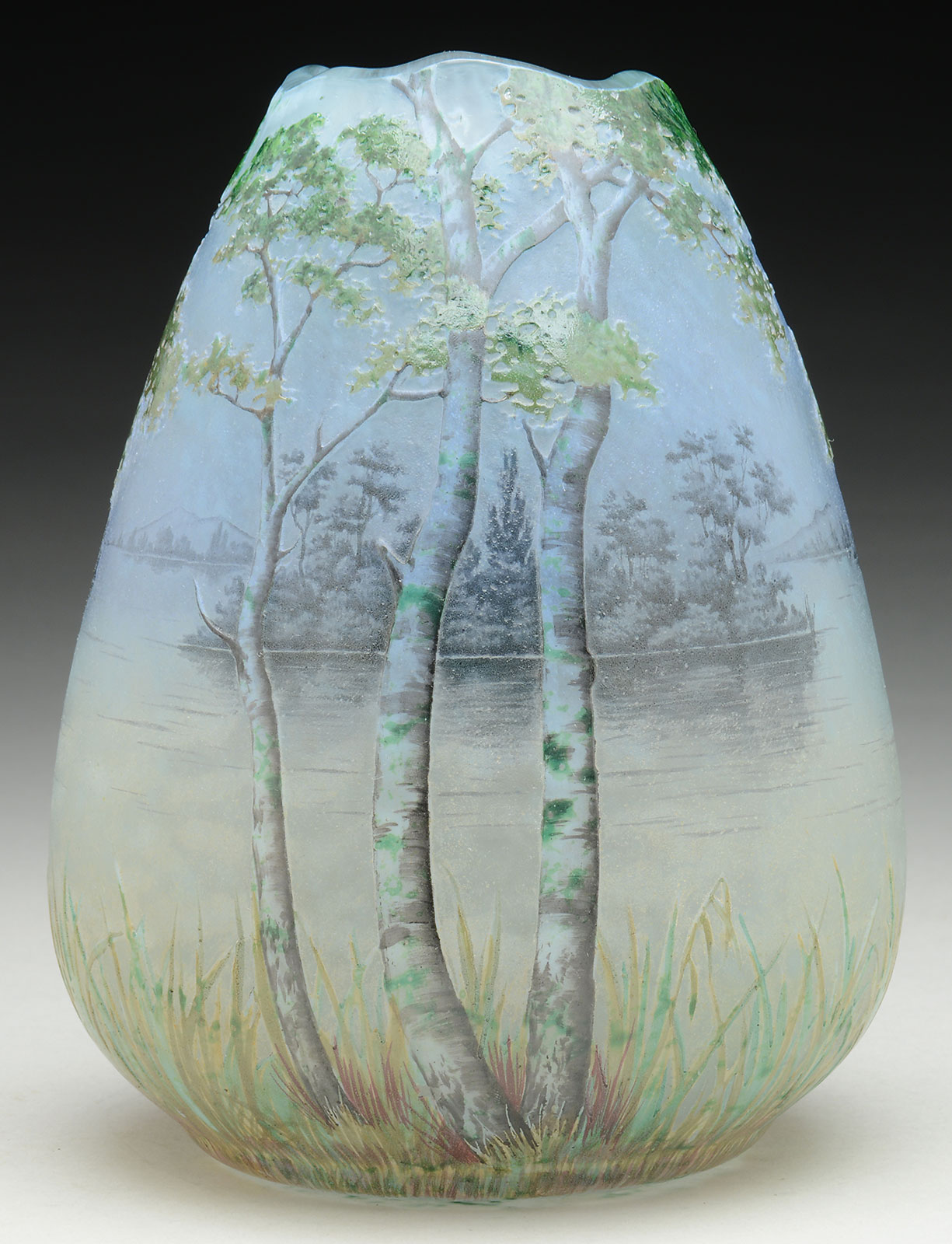 Daum Cameo And Enameled Broken Egg Vase, estimated at $6,500-8,000.