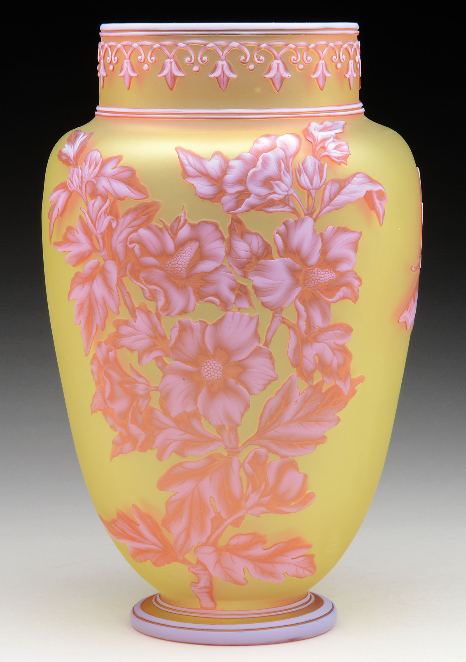 Webb Three Color Cameo Vase, estimated at $2,000-3,000.