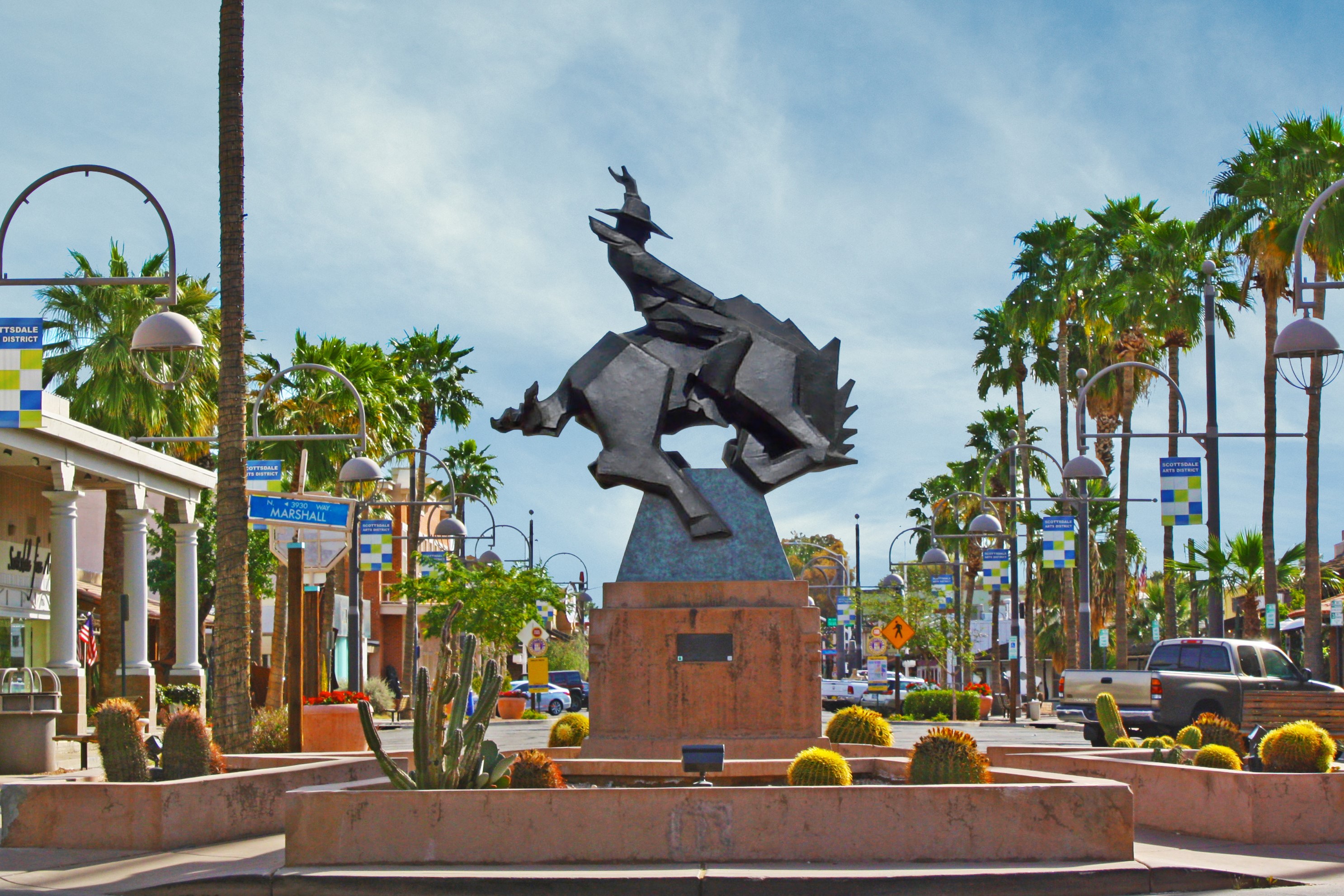 The sculpture 'Jack Knife' by artist Ed Mell, located at Marshall Way & Main Street in Scottsdale