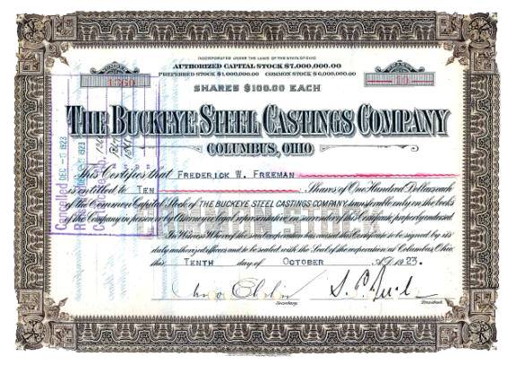 Buckeye Steel Castings Stock Certificate signed by Samuel Prescott Bush