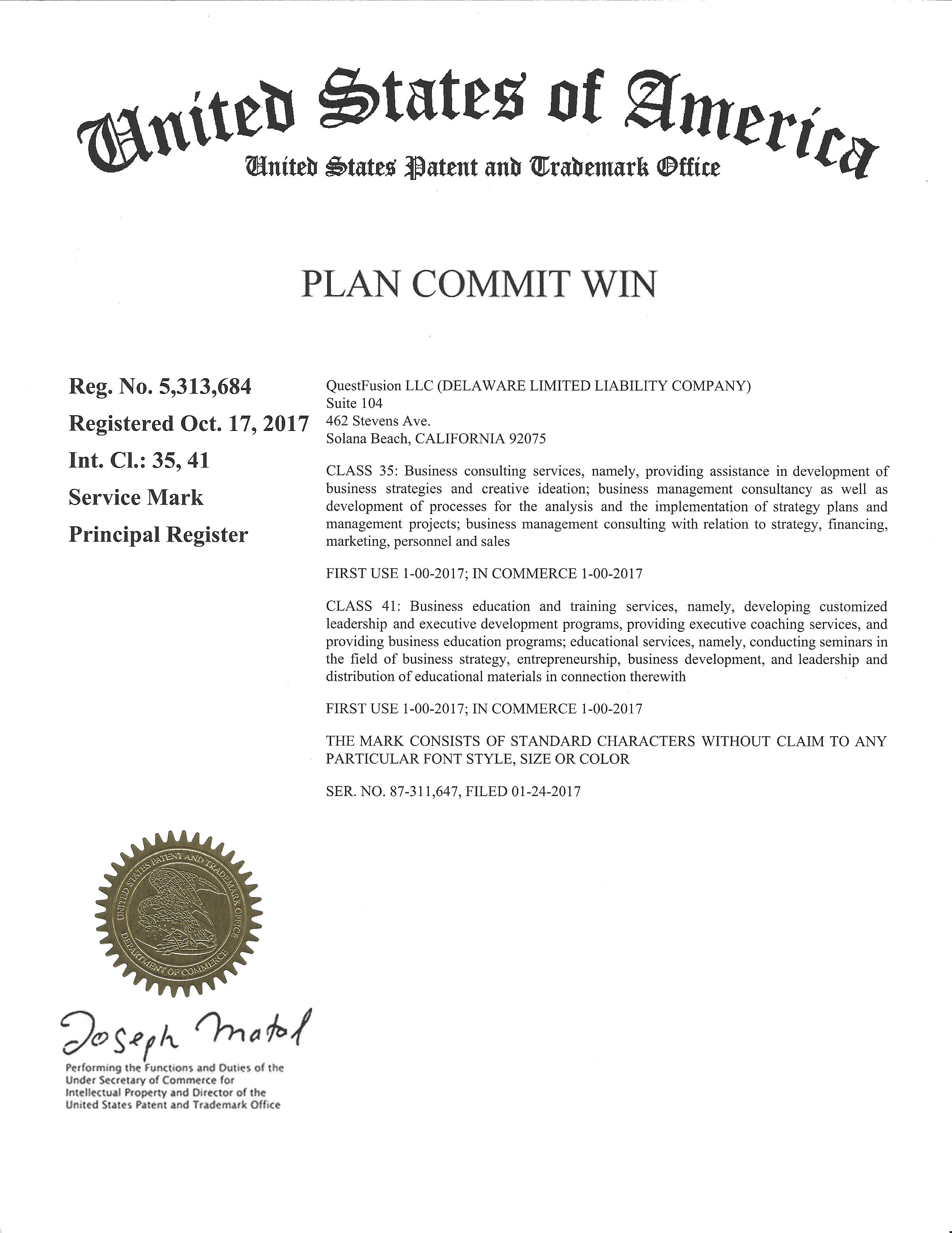 Trademark Registration for PLAN COMMIT WIN