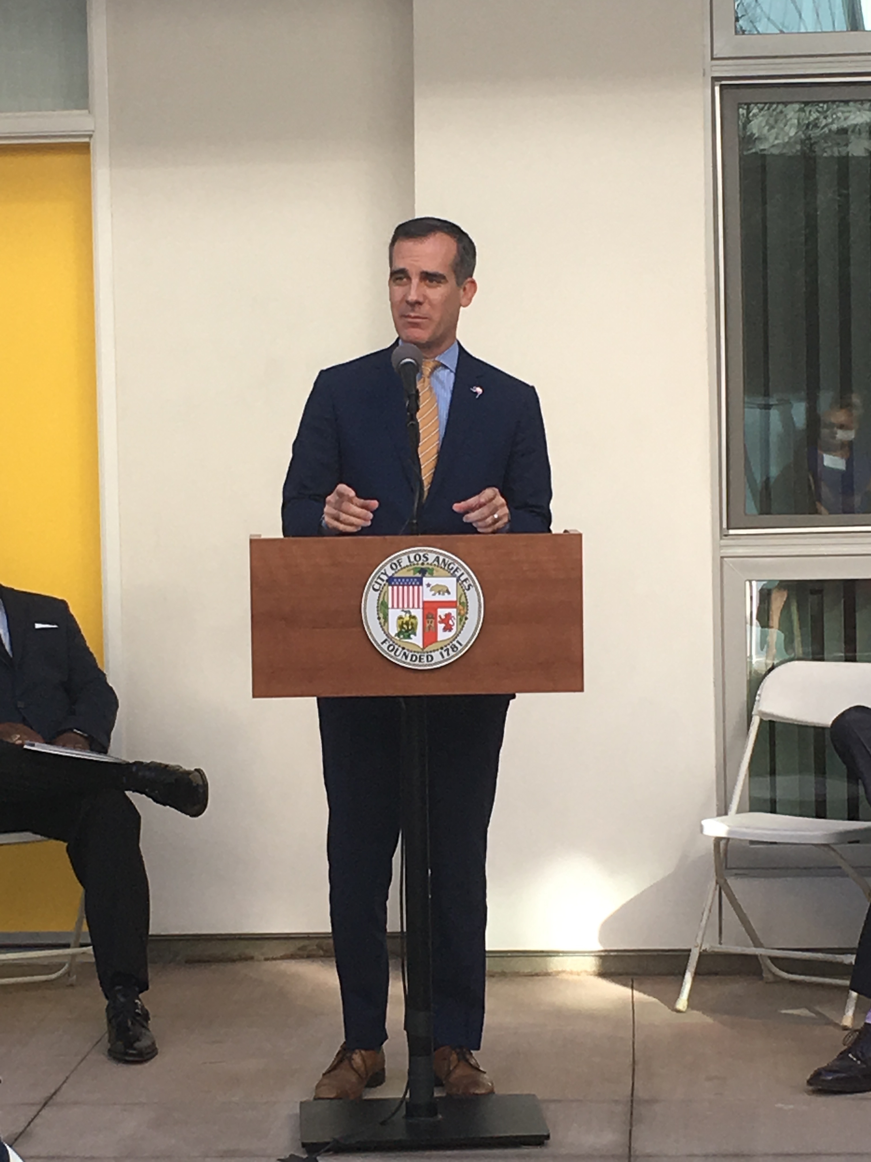 Mayor Eric Garcetti speaking at the Silver Star Apartments Grand Opening