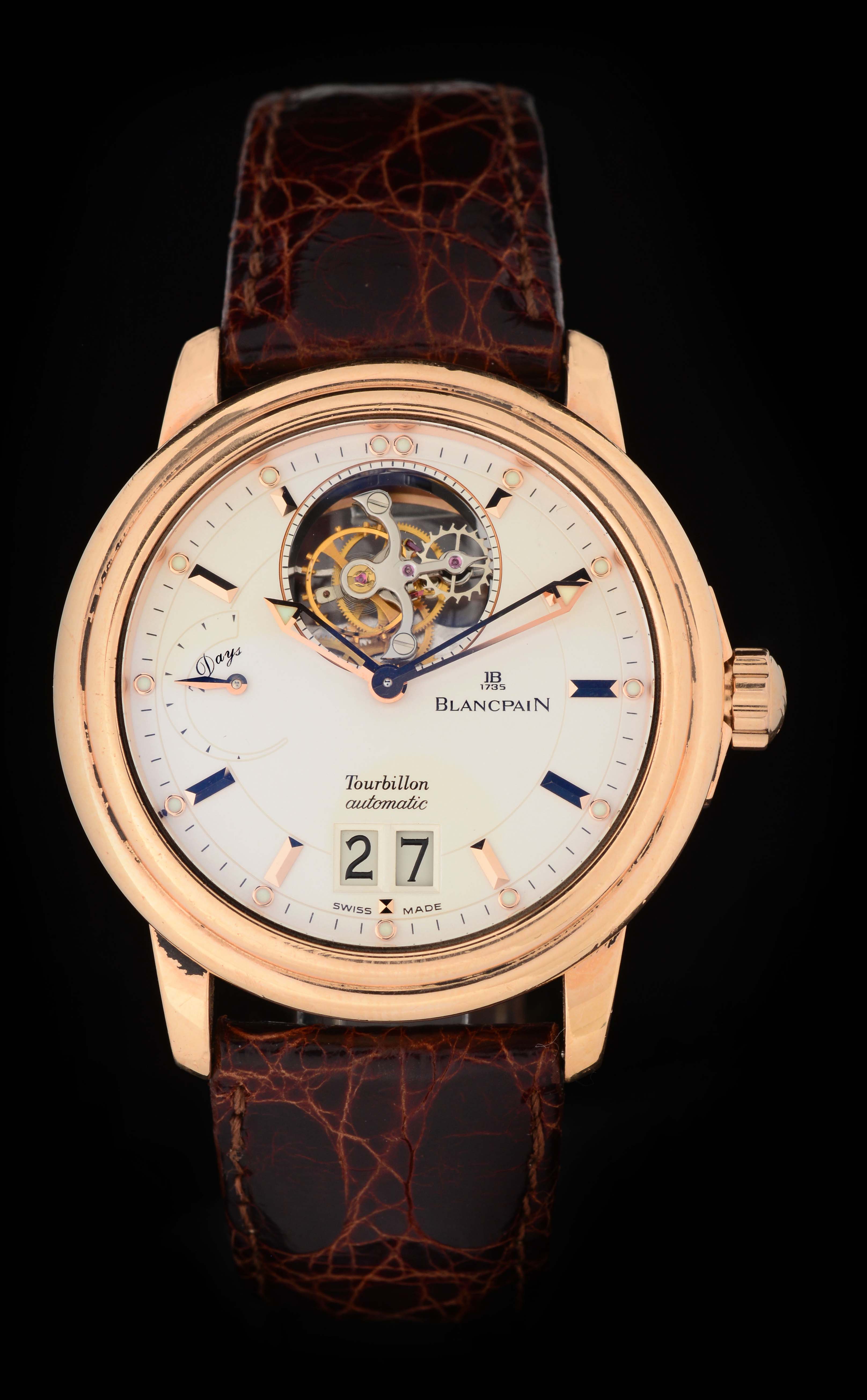 Blancpain 18k Leman Tourbillon Grande Date Wristwatch Model # 2825A, estimated at $40,000-60,000.