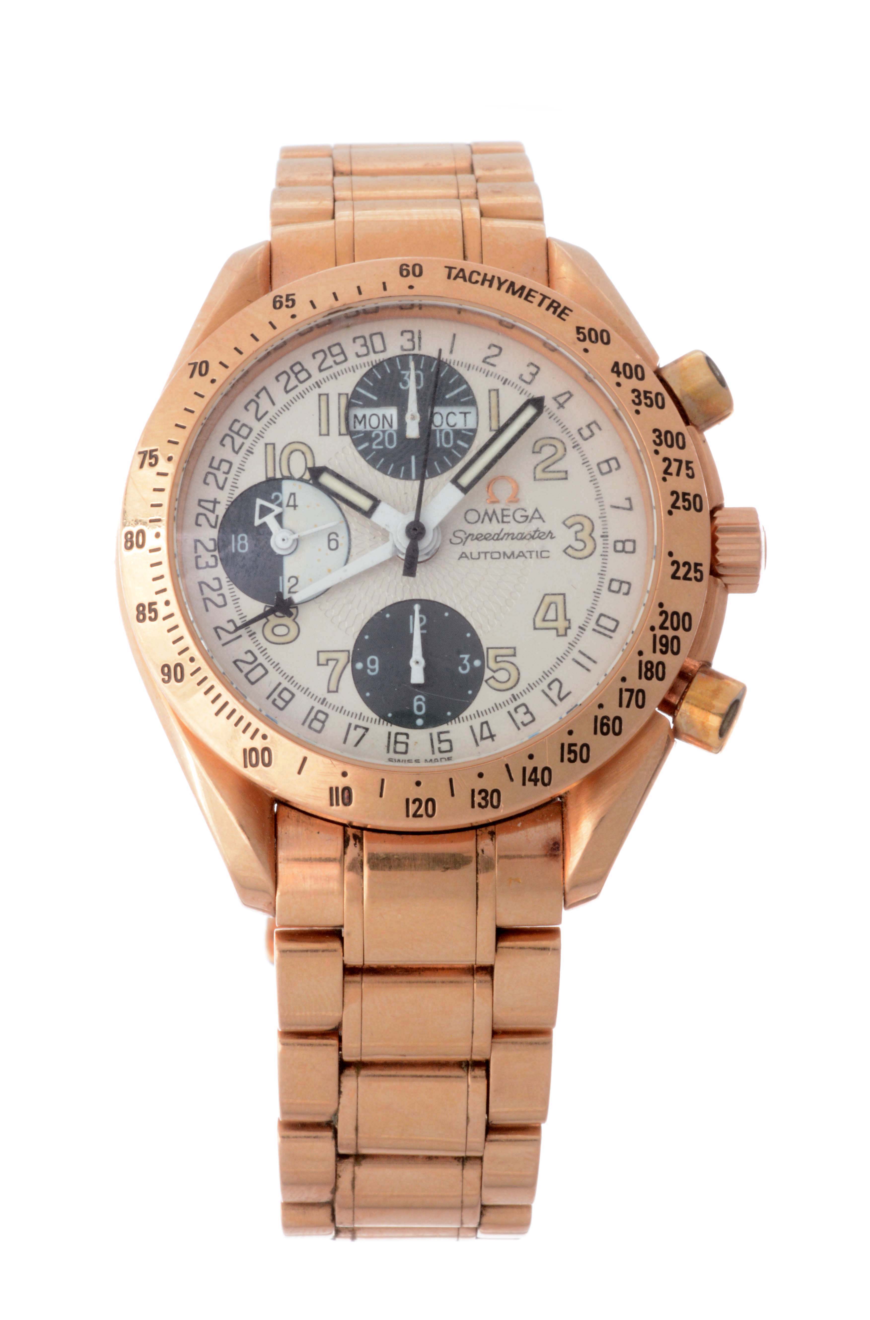 Omega 18k Speedmaster Chronograph Wristwatch Model # 175.0084, estimated at $6,000-12,000.