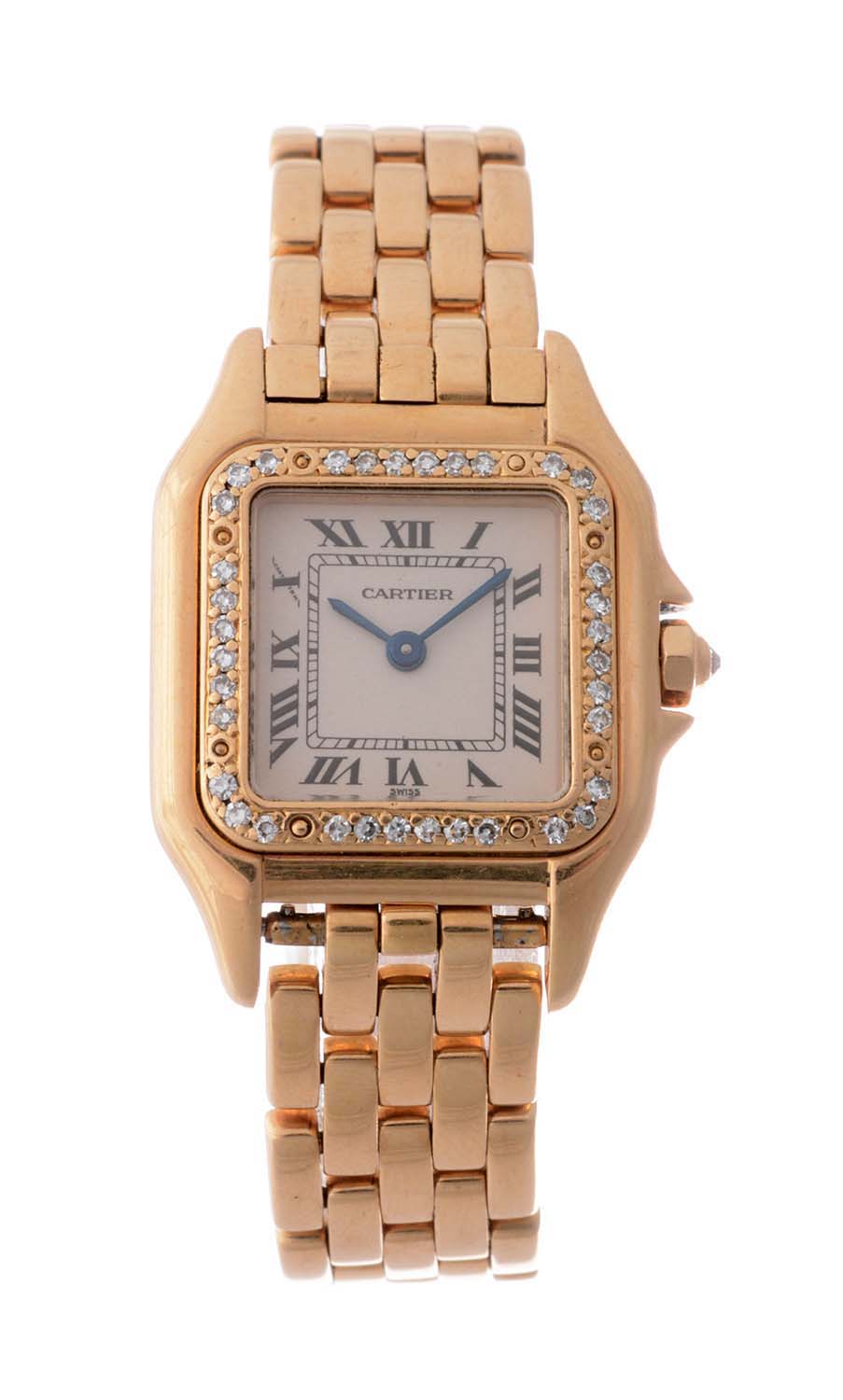 Cartier 18k Ladies Diamond Bezel Panthere Wristwatch, estimated at $4,000-6,000.