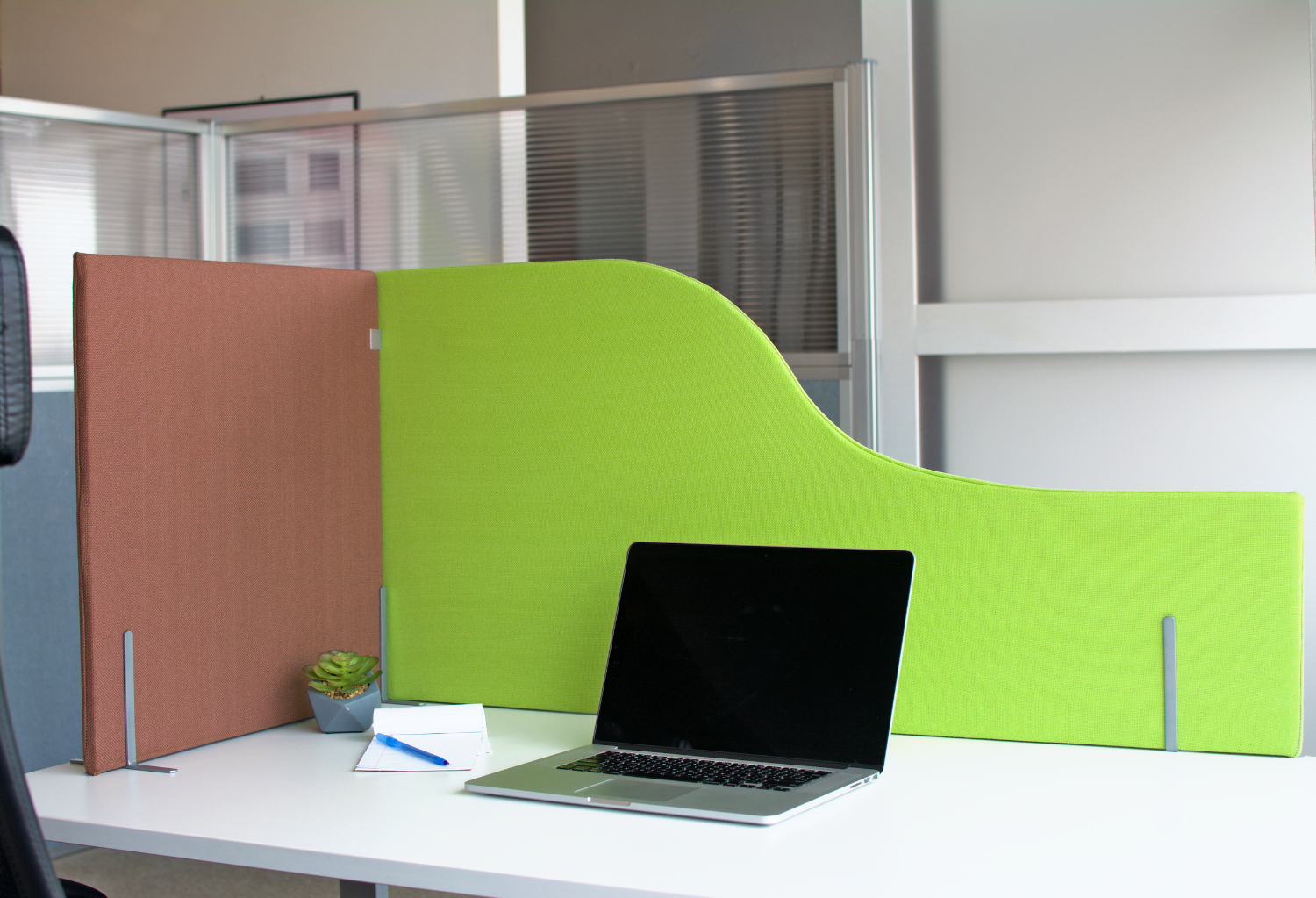 Work Fort Desktop Privacy Panels in Caramel and Key Lime fabric