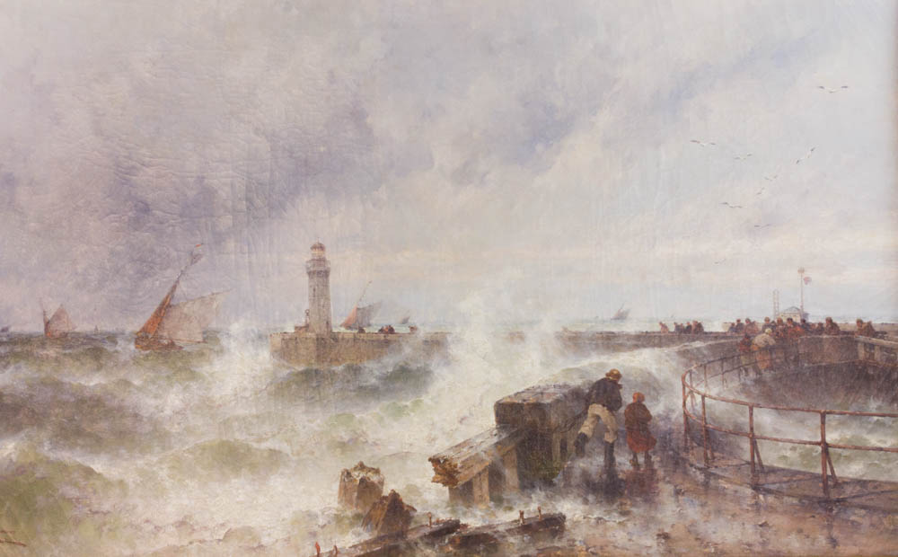 Theodore Alexander Weber (1838-1907), large marine seascape of stormy seas at harbor entrance