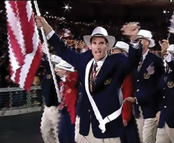 Flag Bearer Cliff Meidl leads the US Delegation at the Sydney 2000 Olympic Games.