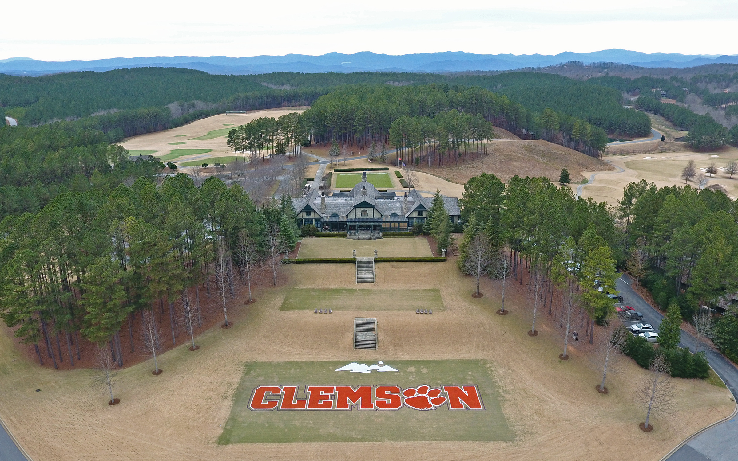 Aerial view of clubhouse lawn & Tigers end zone