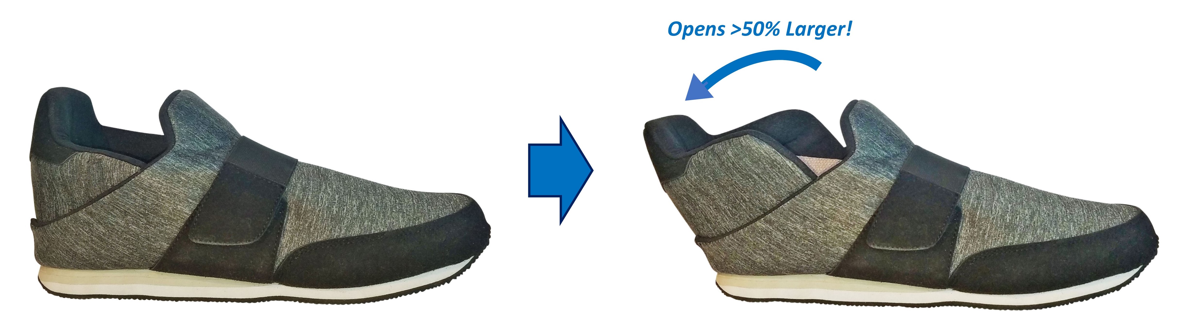 Quikiks Hands-Free Shoes open >50% larger than typical footwear