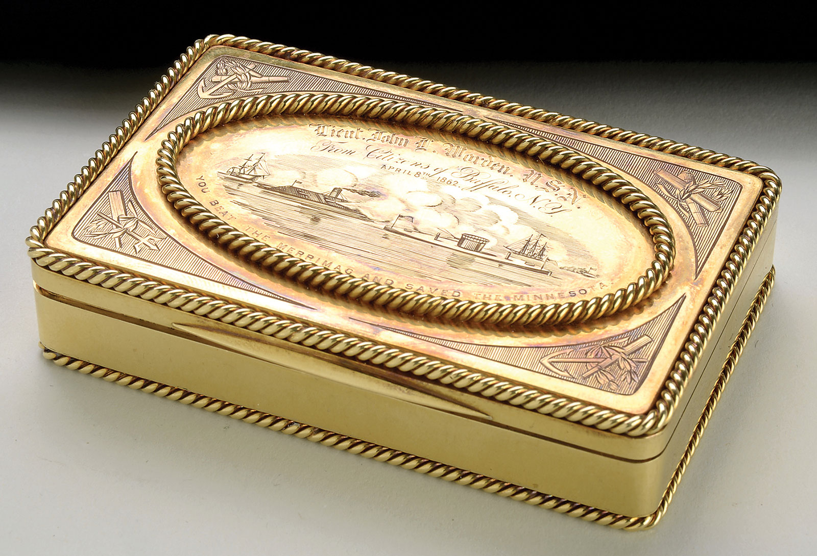 Gold Tiffany Presentation Snuff Box Presented by the Citizens of Buffalo to Lt. John Worden, Hero of the Victory of the Monitor Over the Merrimac, estimated at $30,000-50,000.