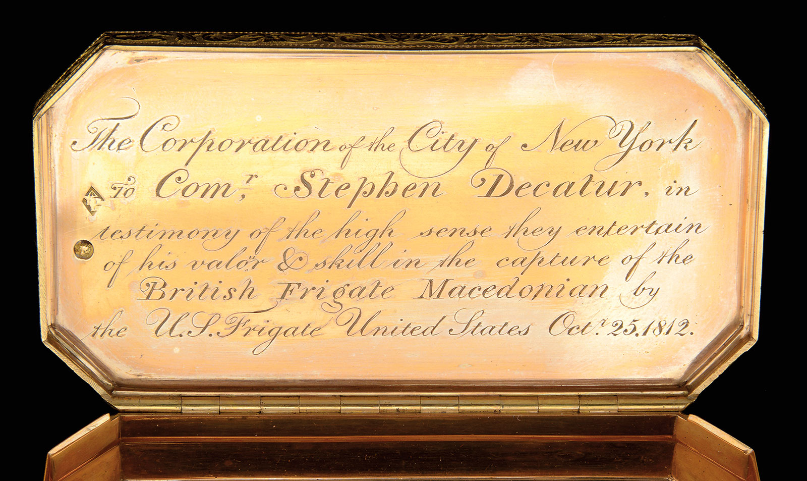 Rare Gold Freedom Box, Commodore Stephen Decatur from the City of New York, 1812, estimated at $125,000-175,000.
