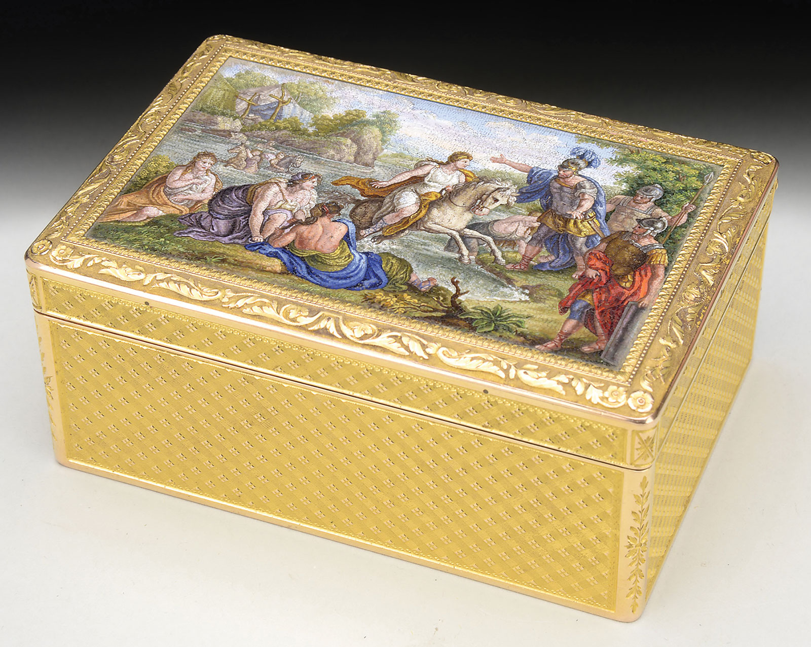 Solid Gold Russian Hinged Box with Micro Mosaic Classical Scene, estimated at $4,000-6,000.