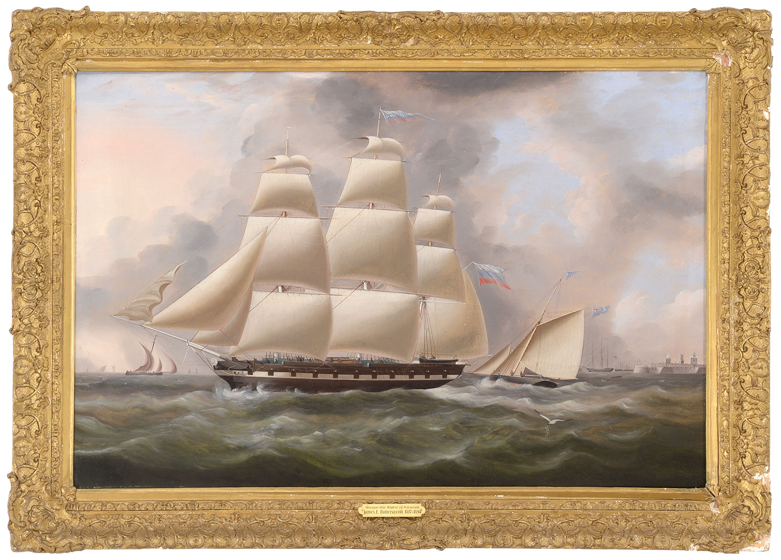 James E. Buttersworth (American/British, 1817-1894) Portrait of the Merchant Ship Dolphin Off Portsmouth England, estimated at $10,000-15,000.