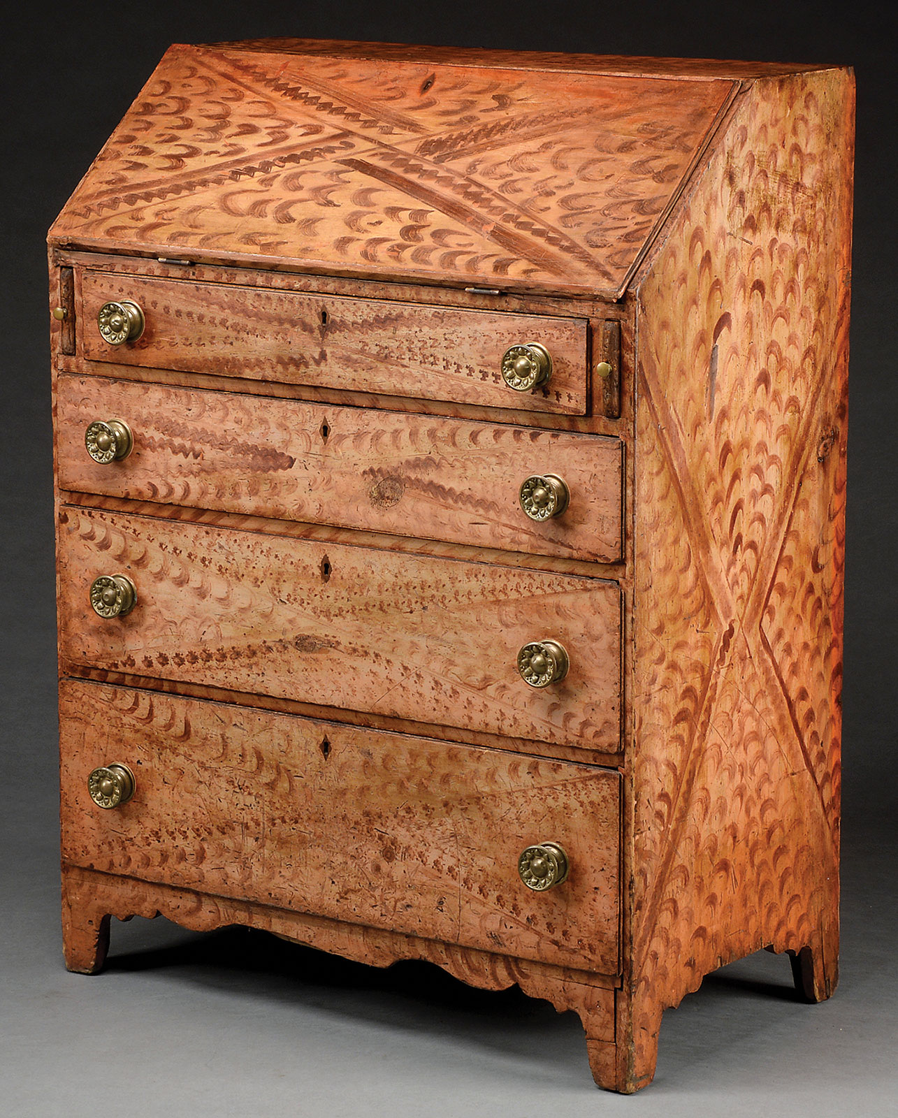 Exceptional Grain Painted Slant Lid Pine Desk Signed George Pierce, Manlius, New York, estimated at $8,000-12,000.