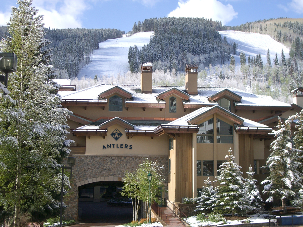 The all-condominium Antlers at Vail hotel provides a comfortable home base for spring skiing; each guest suite includes full living room, dining area, kitchen, private balcony and gas fireplace.