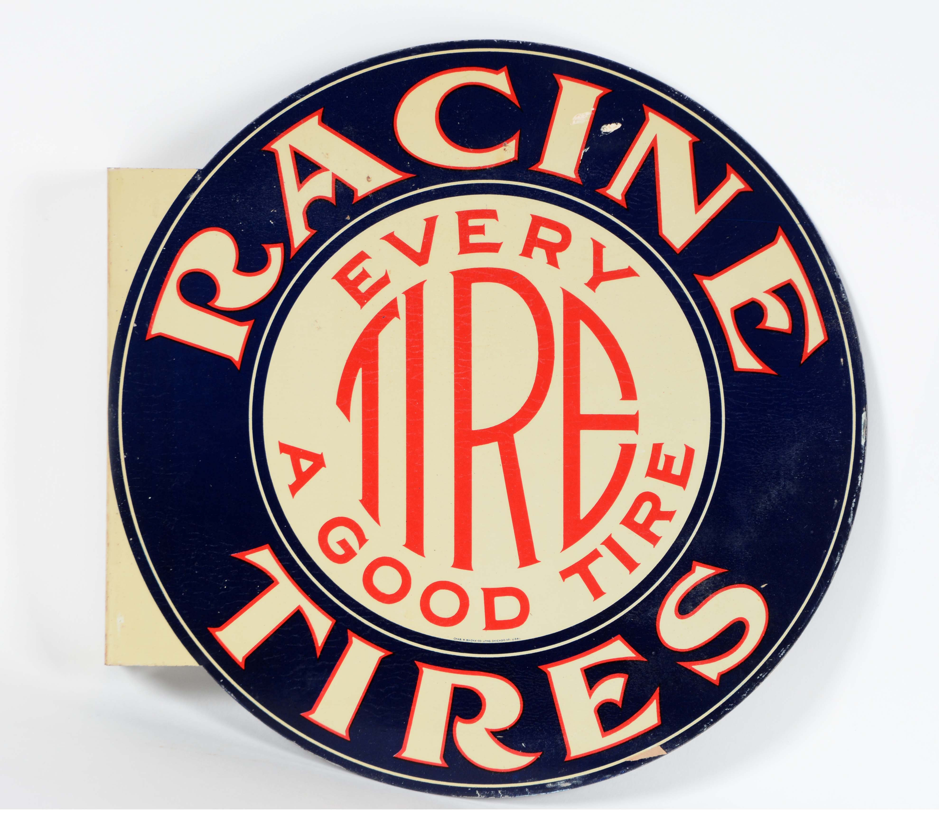 New Old Stock Racine Tires Tin Flange Sign, estimated at $2,500-3,500.