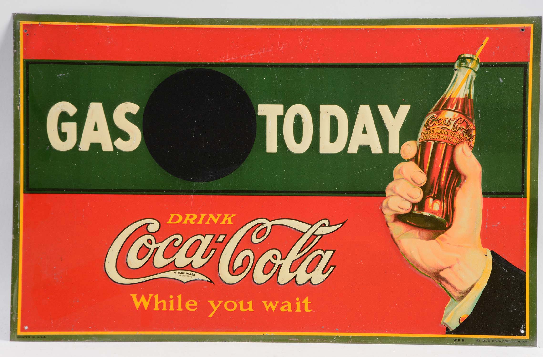 Coca-Cola Gas Today Embossed Tin Sign, estimated at $8,000-12,000.