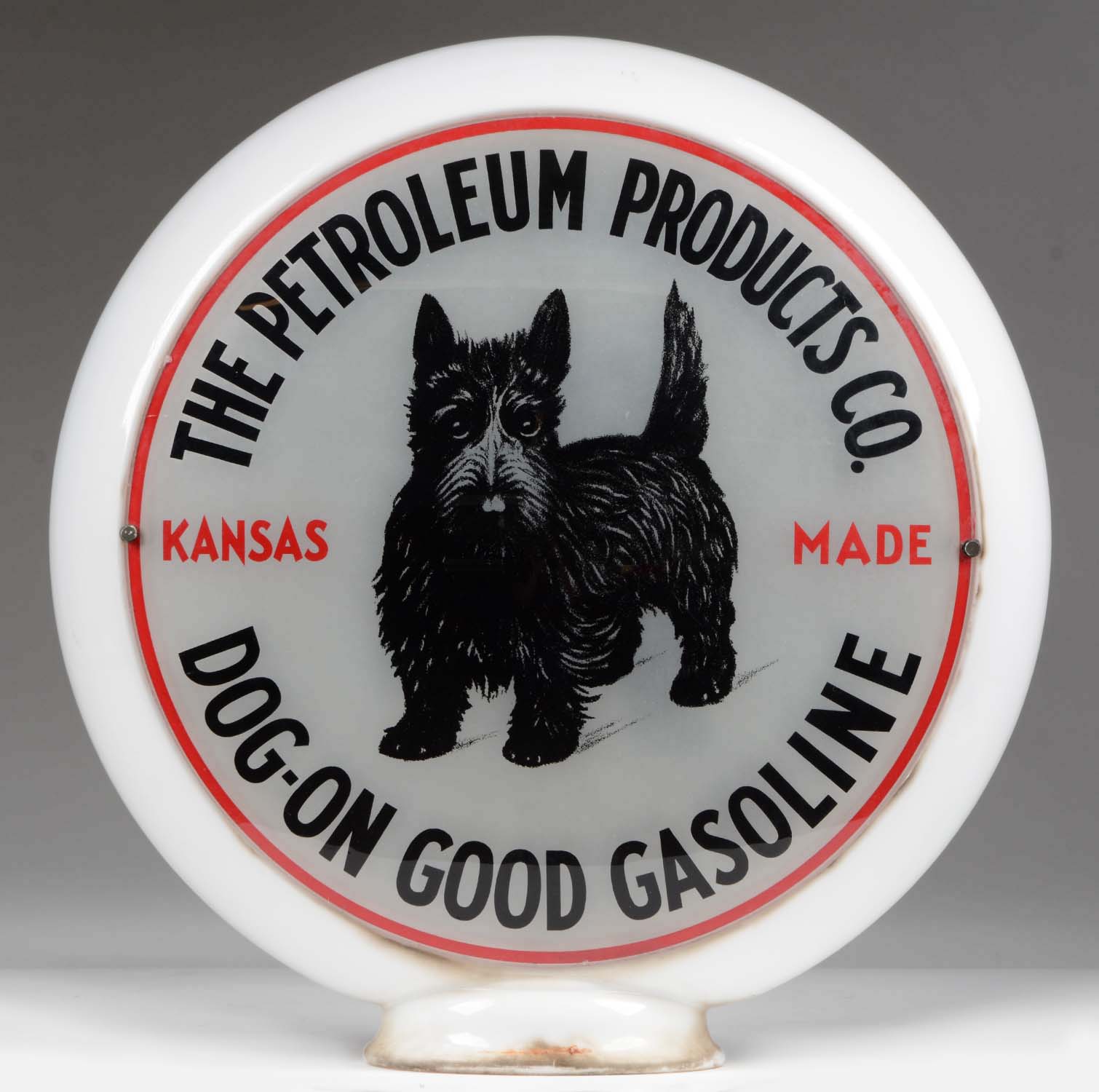 The Petroleum Products Co. Kansas Made Dog on Good Gasoline Globe, estimated at $12,000-20,000.