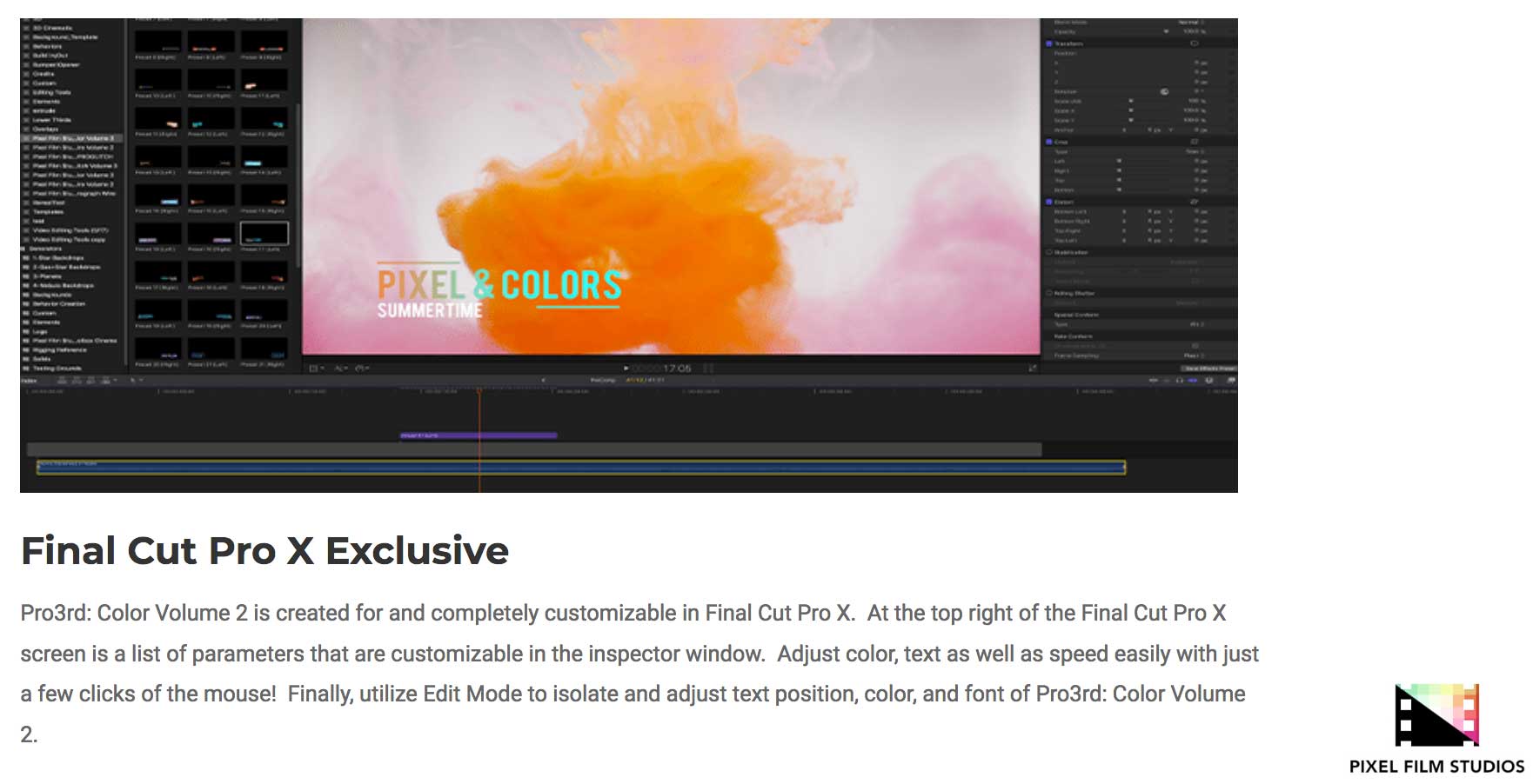 Pro3rd Color Volume 2 - Pixel Film Studios Plugins - FCPX Effects