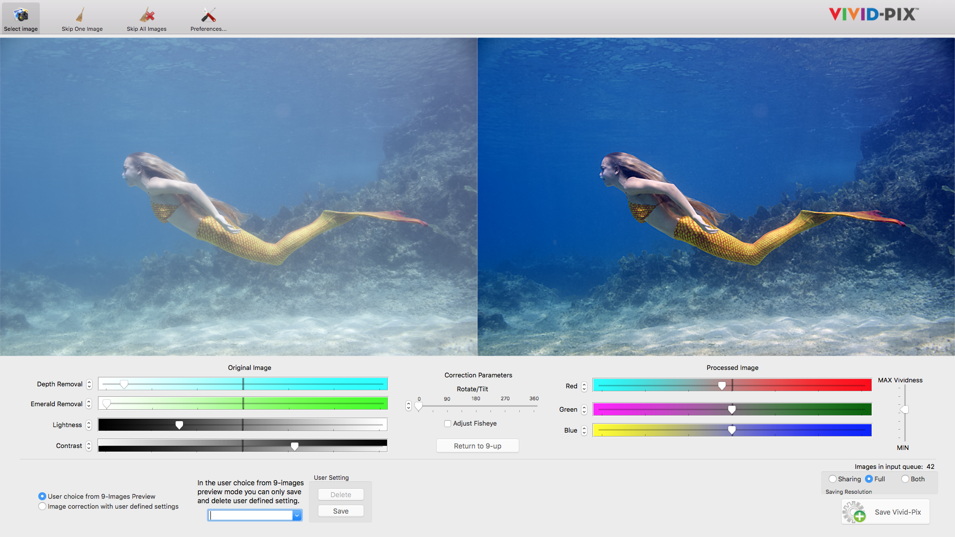 Before and after underwater image correction, using Vivid-Pix LAND & SEA SCUBA for Mac and Windows