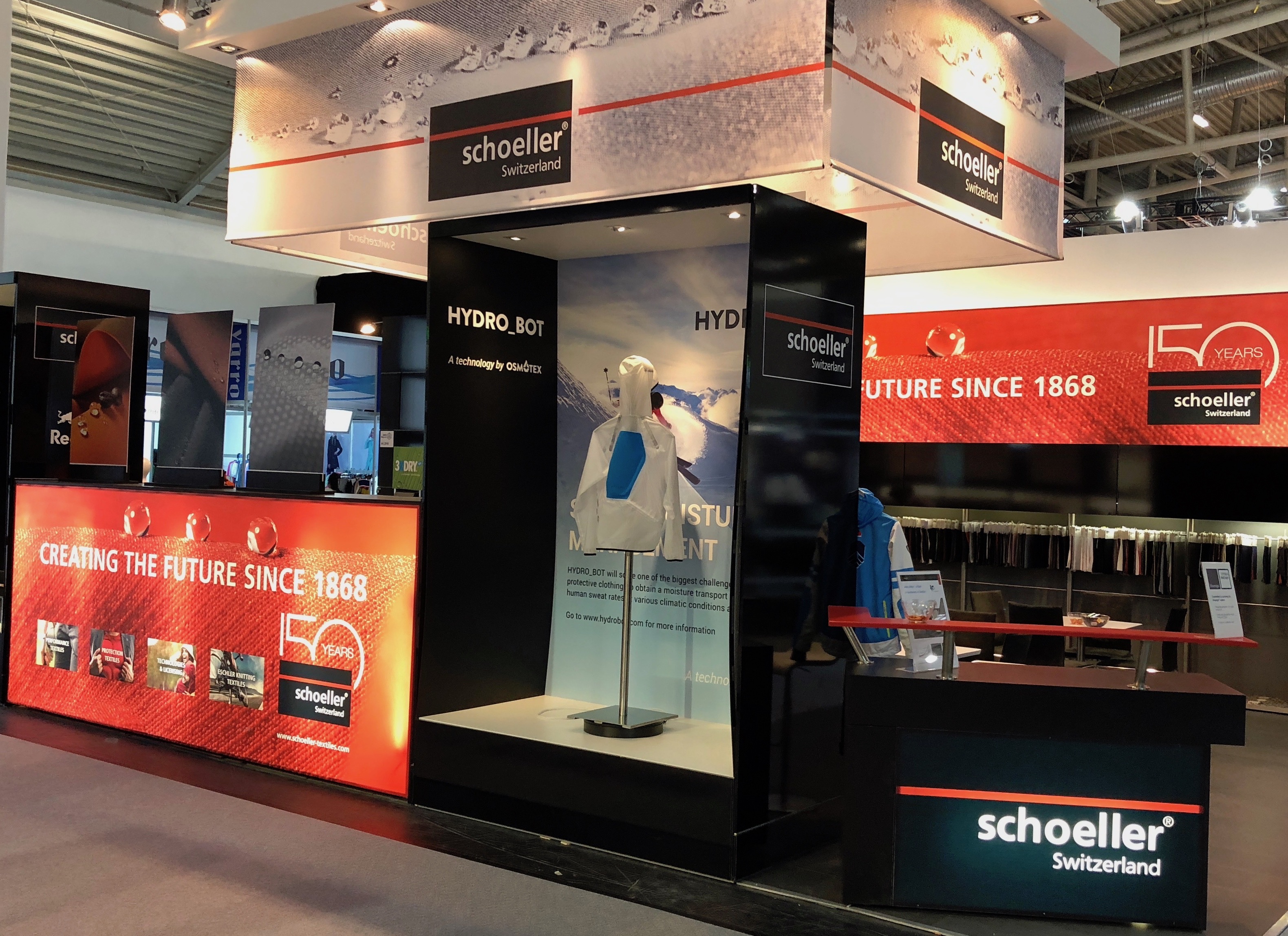Schoeller is partnering with Osmotex and is showing the HYDRO_BOT jacket on their stand.