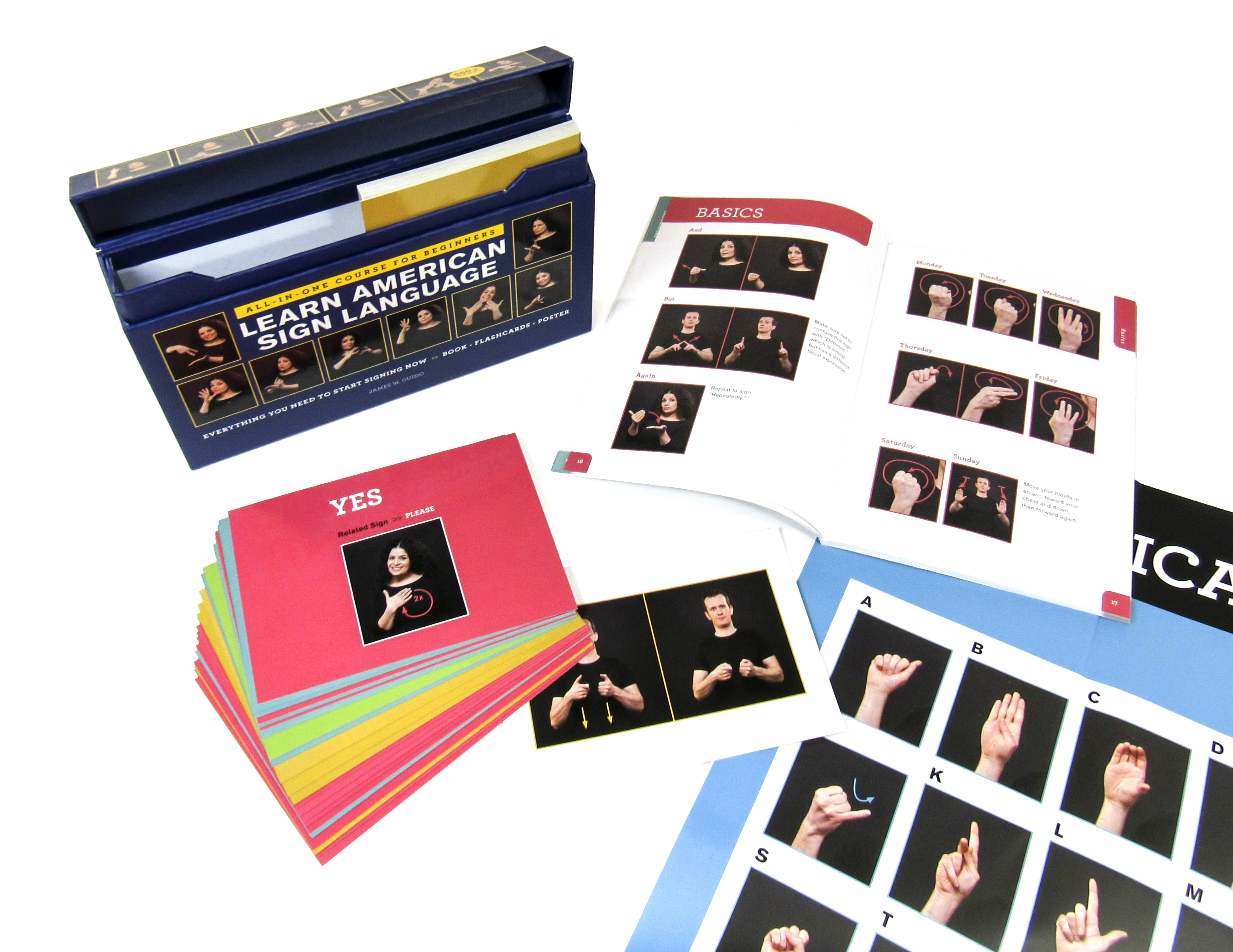 The Learn American Sign Sign Language Course includes a book, 50 flashcards and a poster.