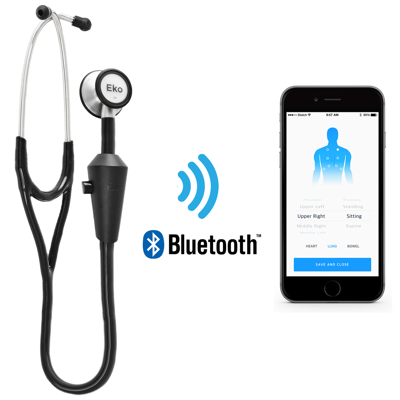 Eko Stethoscope connects to mobile app for auscultation recording.