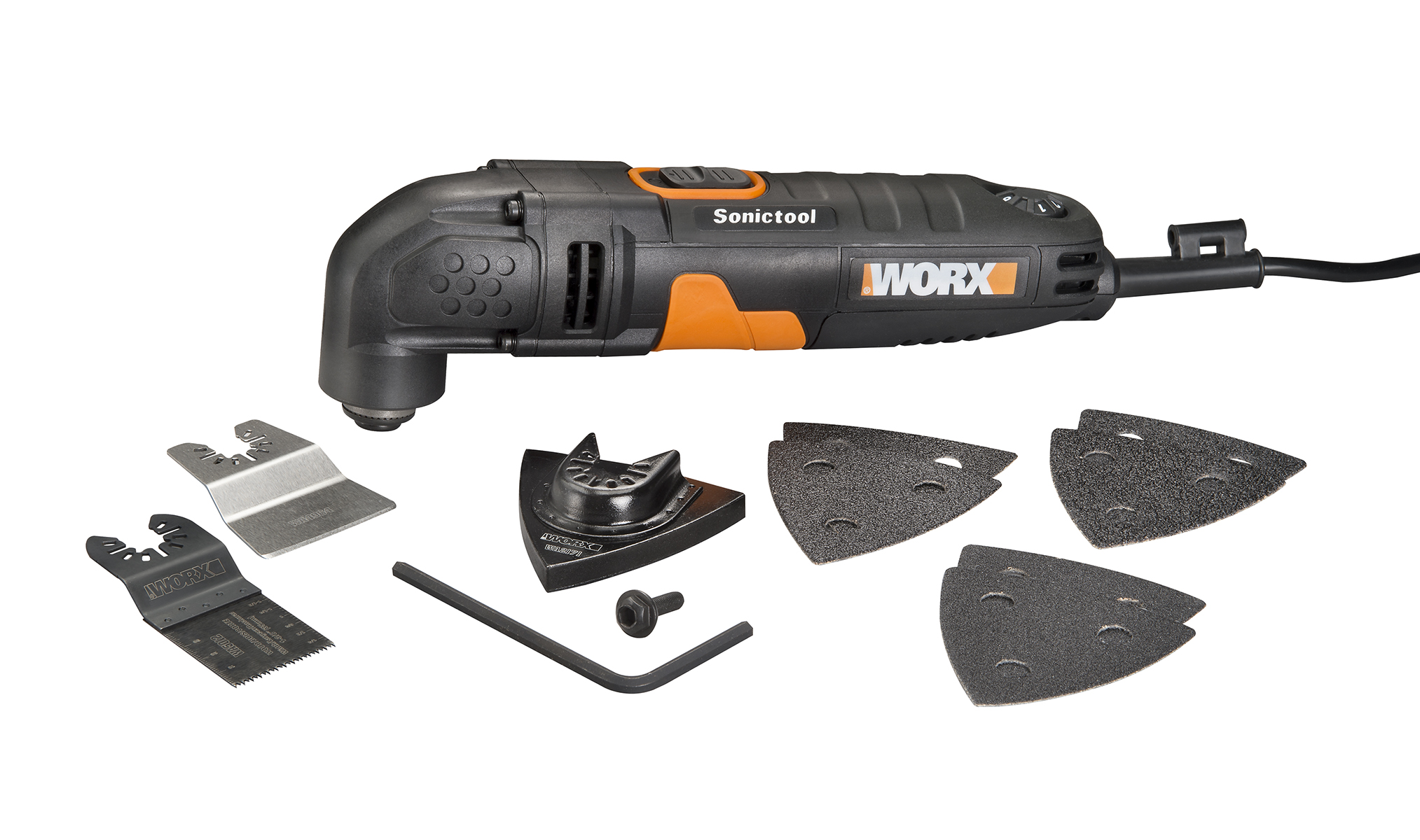 WORX 3.0 Amp Oscillating Tool with 9 Accessories includes a 1-3/8  inch standard wood end-cut blade, sanding pad, rigid scraper, six sanding sheets and Allen key.