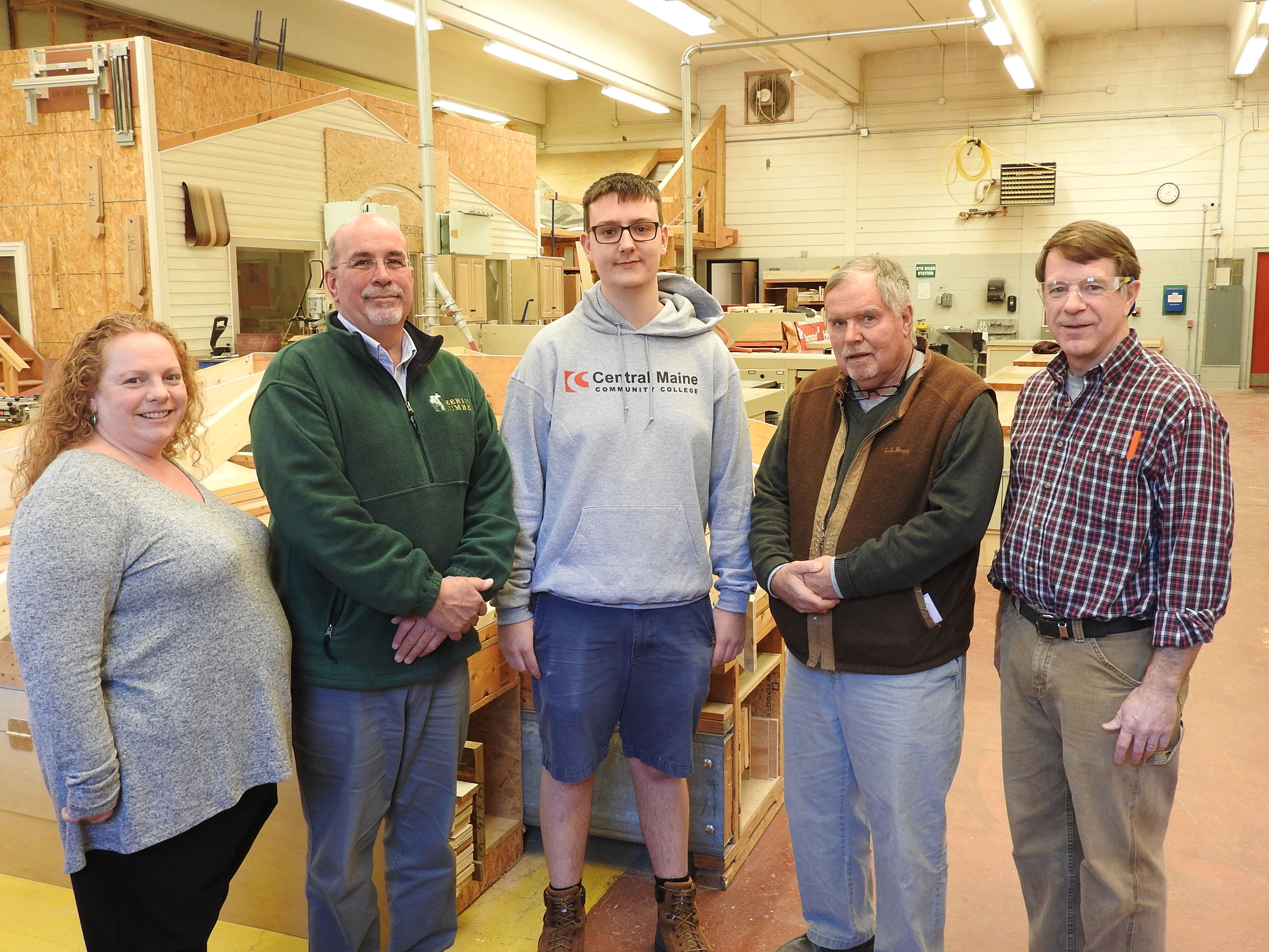 JoAnne Tarr, Lapointe Lumber, RLDAM President Joe Hondel, Deering Lumber, Brian C. Thayer Memorial Scholarship Recipient Alex Cormier, Jim Murphy, Riverside Millwork, Department Chair Don Varney.