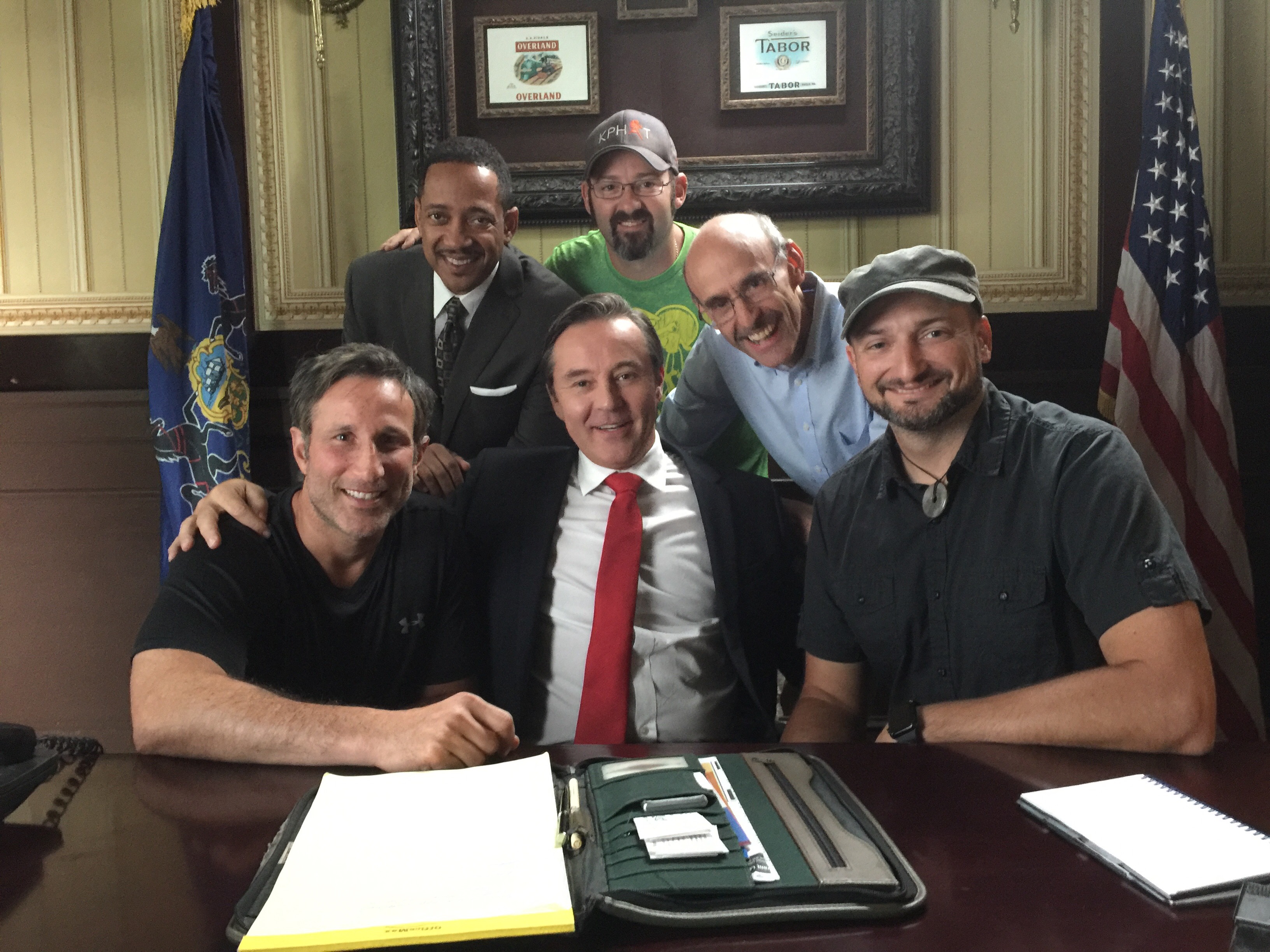 Actors Currie Graham, Chris Mann and Pete Postiglione pose during the filming of My Million Dollar Mom with Ross Schriftman, Screenwriter, Kevin Hackenberg, Director and Joe Herrigan, Director of Phot