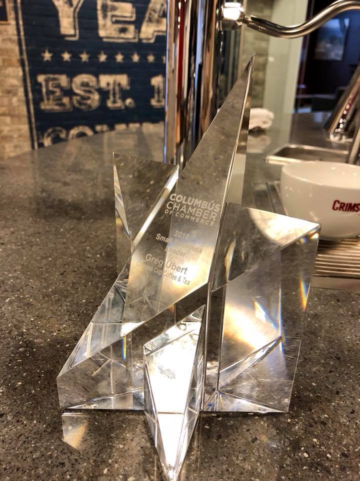 Trophy of 2018 Small Business Leader Award from the Columbus Chamber of Commerce