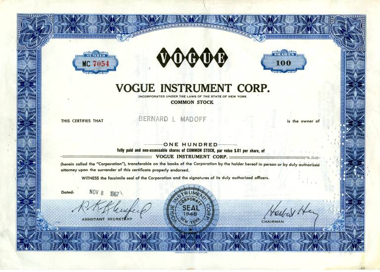 Certificate issued to and signed by Bernie Madoff